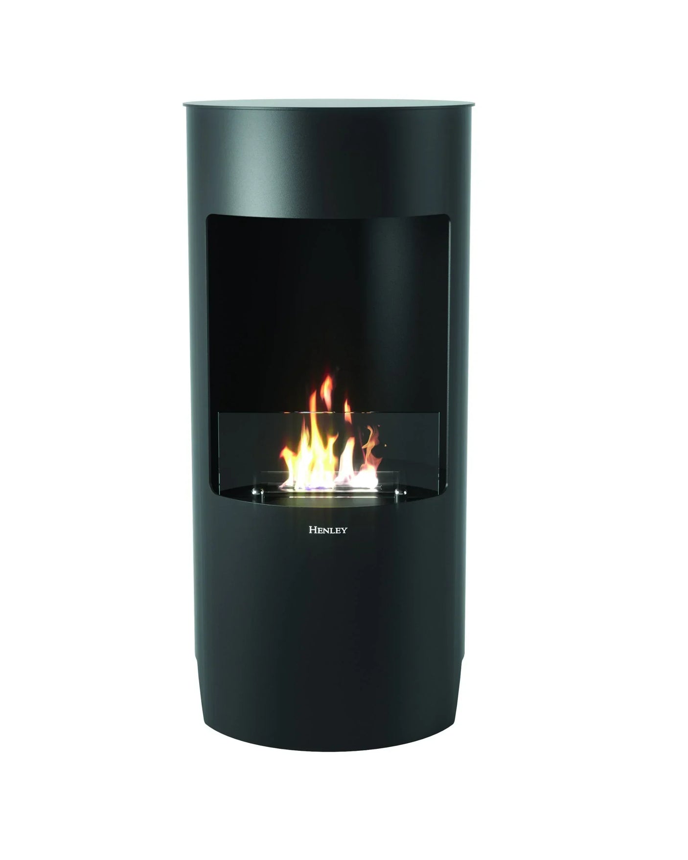 Black freestanding bioethanol fire with visible flames and glass front panel