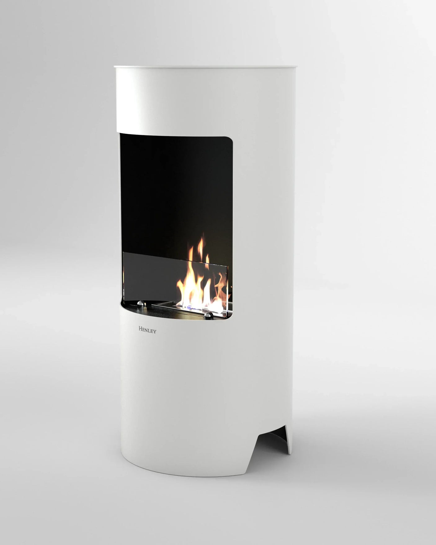 White freestanding bioethanol fireplace with visible flames and black interior panel