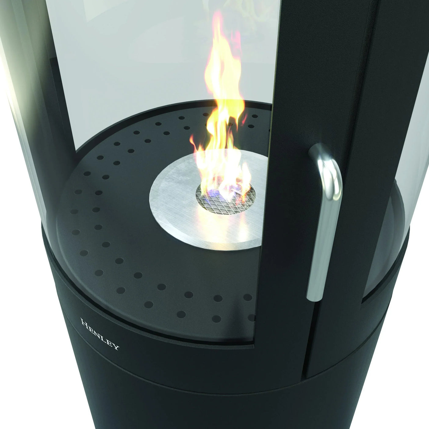 Black freestanding bioethanol fireplace with visible flame and glass surround