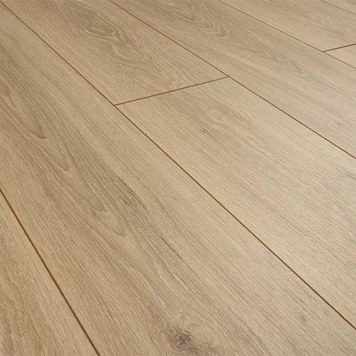 Natural oak laminate flooring planks with wood grain texture shown at an angle