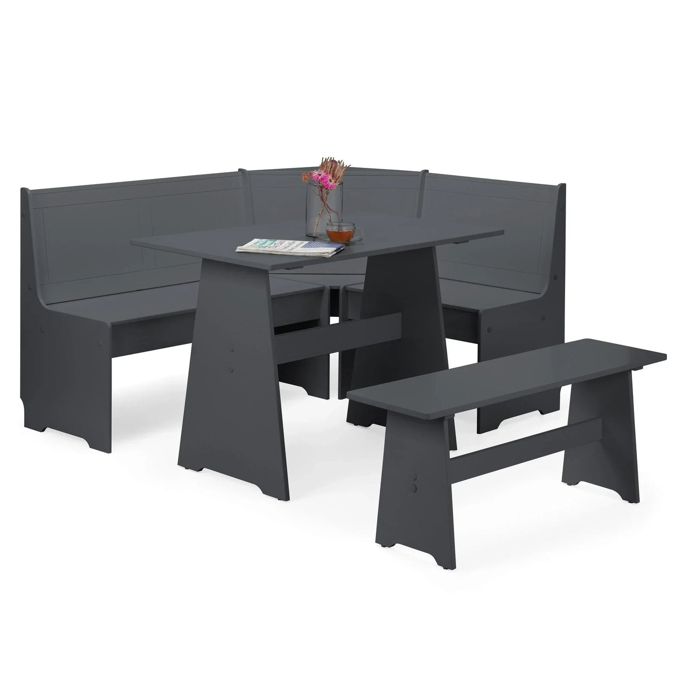 Anthracite corner dining set with L-shaped bench, dining table, and matching bench seating