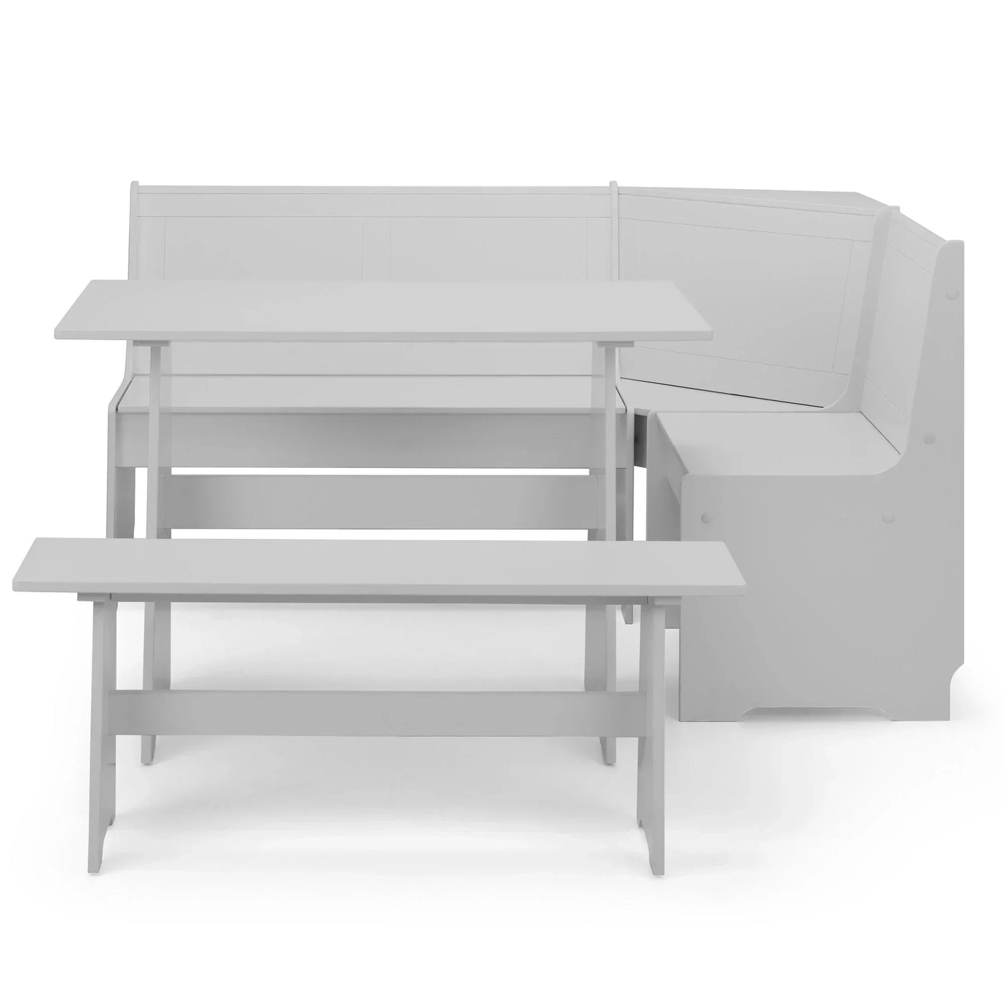 Dove grey corner dining set with two benches and rectangular table, front view