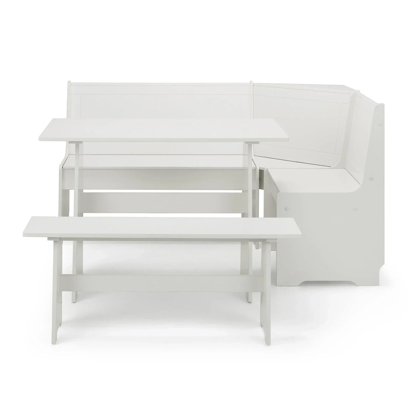 White corner dining set with built-in bench seating and two matching benches, front view