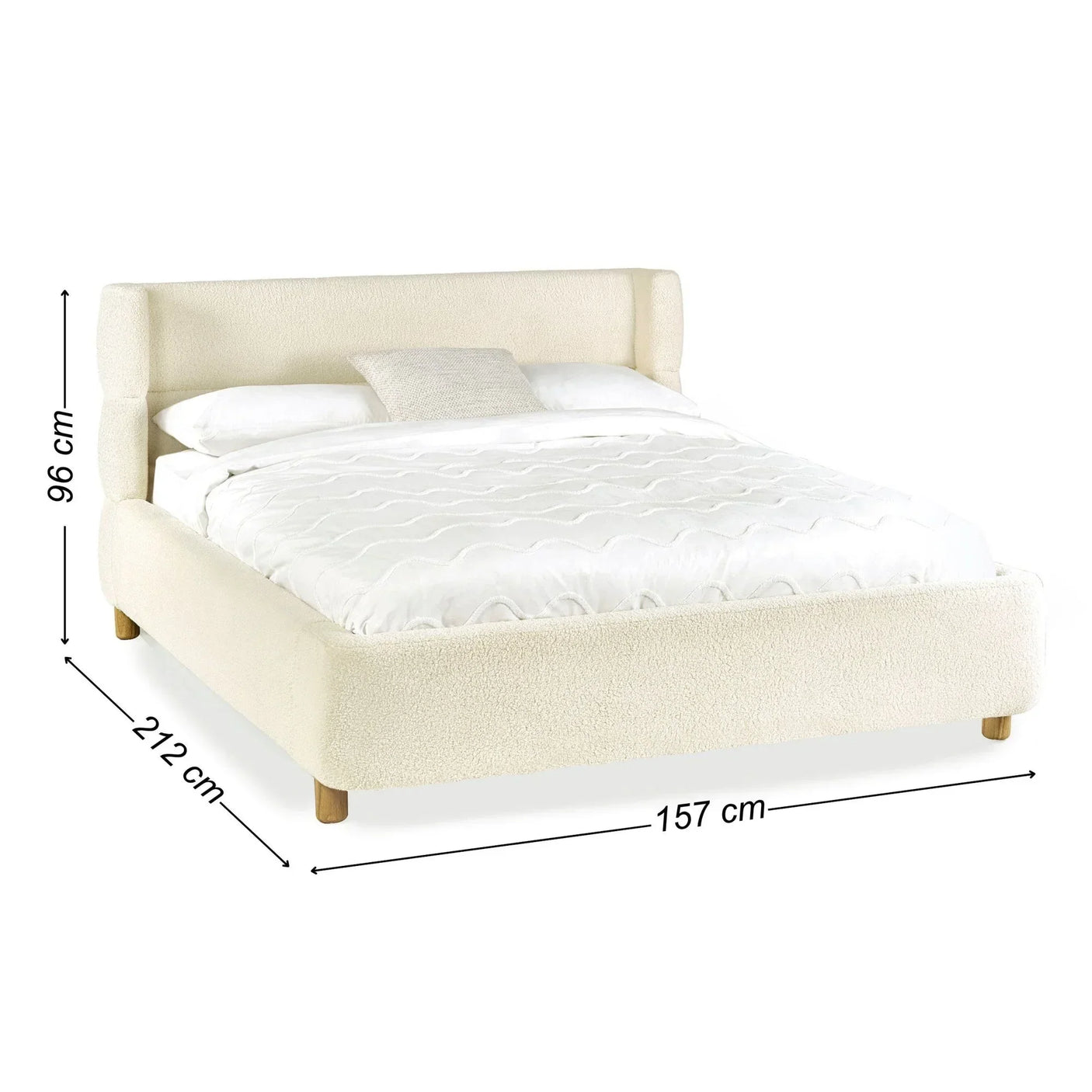 Cream upholstered bed frame with headboard and wooden legs, dimensions 212x157x96 cm
