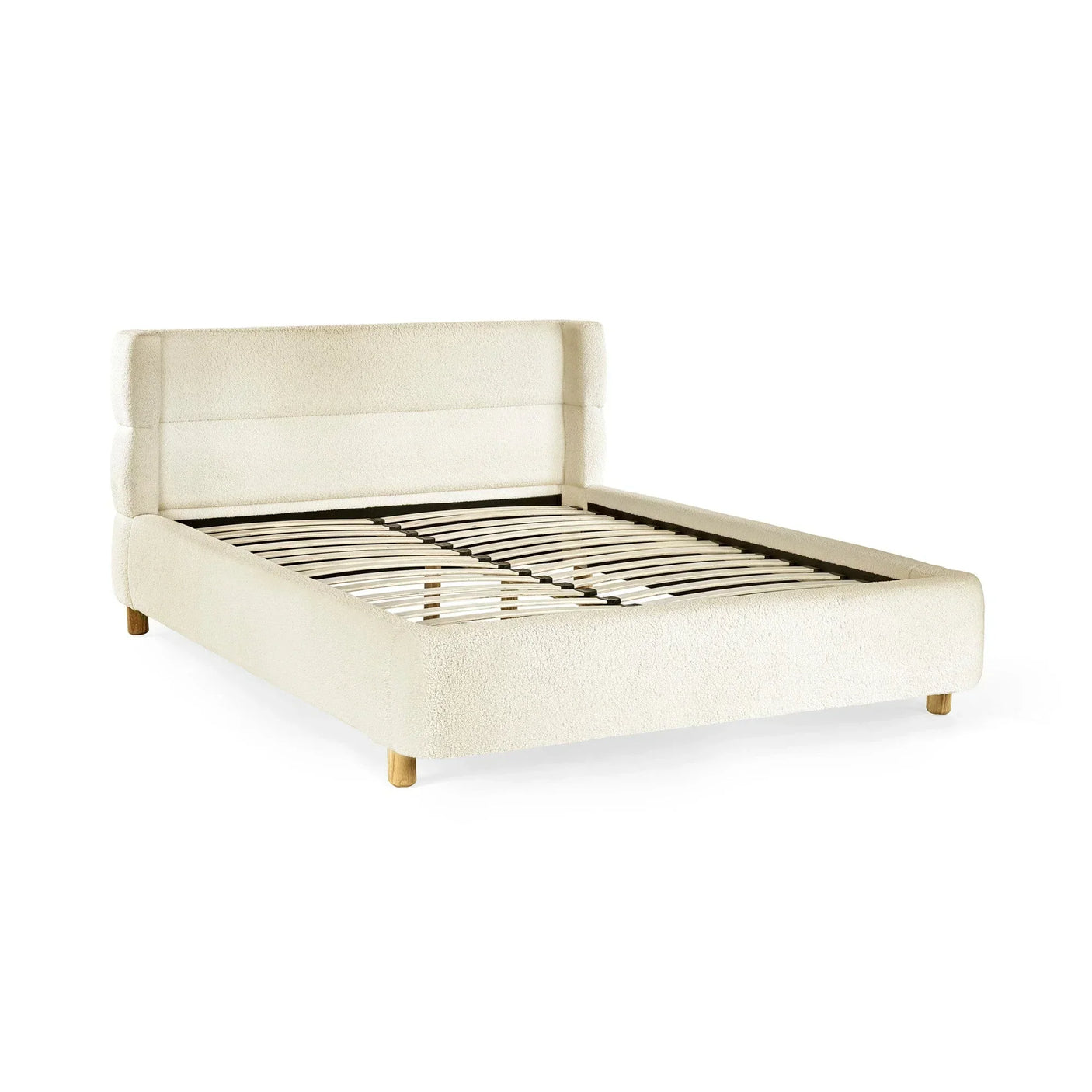 Cream upholstered bed frame with slatted base and wooden legs, front angled view