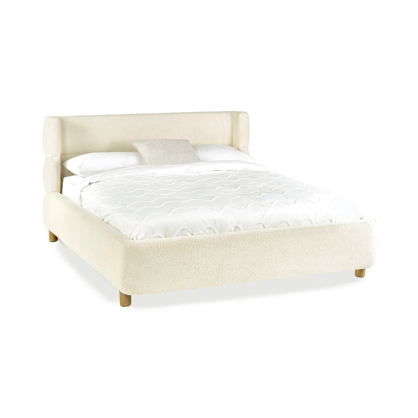 Cream upholstered bed frame with cushioned headboard and wooden legs, front angle view
