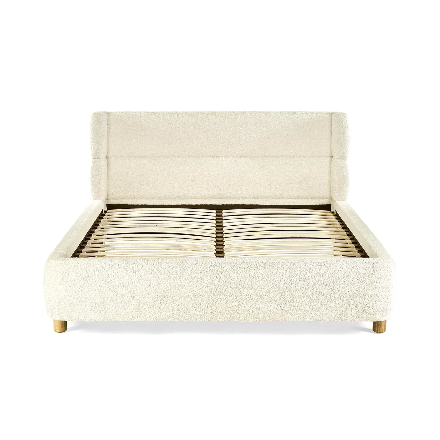 Cream upholstered bed frame with padded headboard and wooden slats, front view