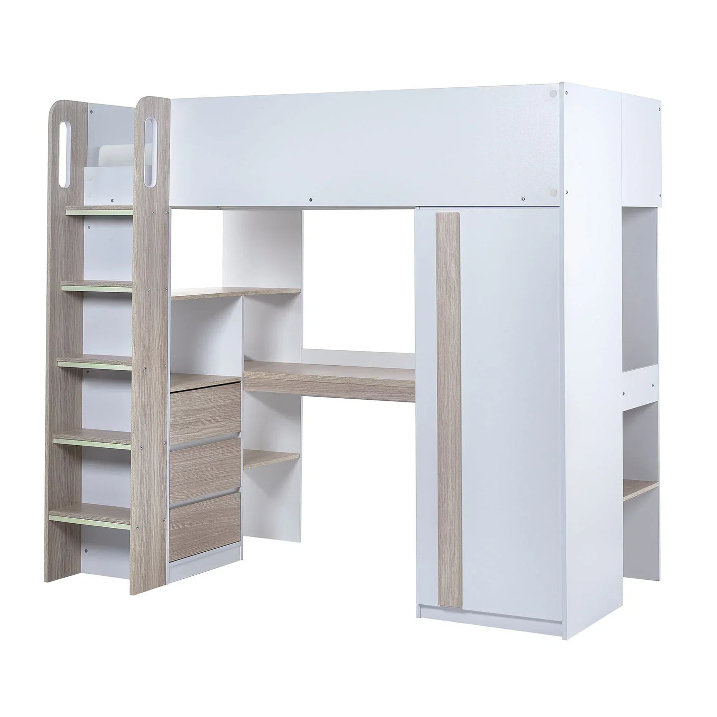 White and pale wood highsleeper bed with built-in desk, shelves, drawers, and ladder
