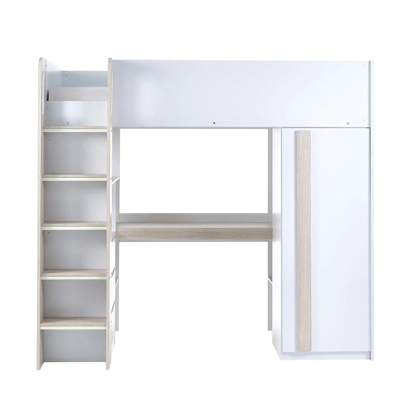 White wooden highsleeper bed with built-in ladder, desk, and wardrobe front view