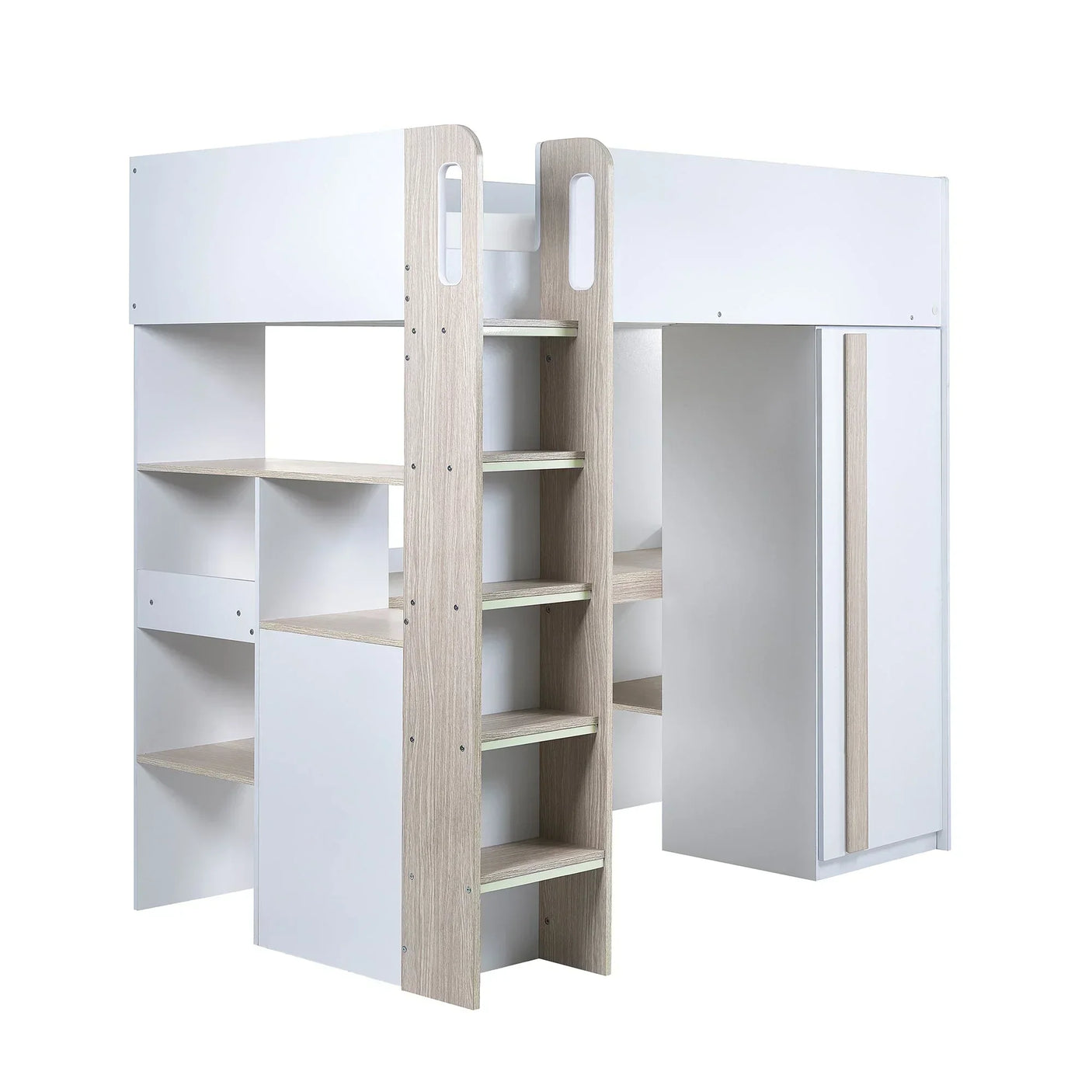 Pale wood and white high sleeper bed with built-in shelving, ladder, and wardrobe
