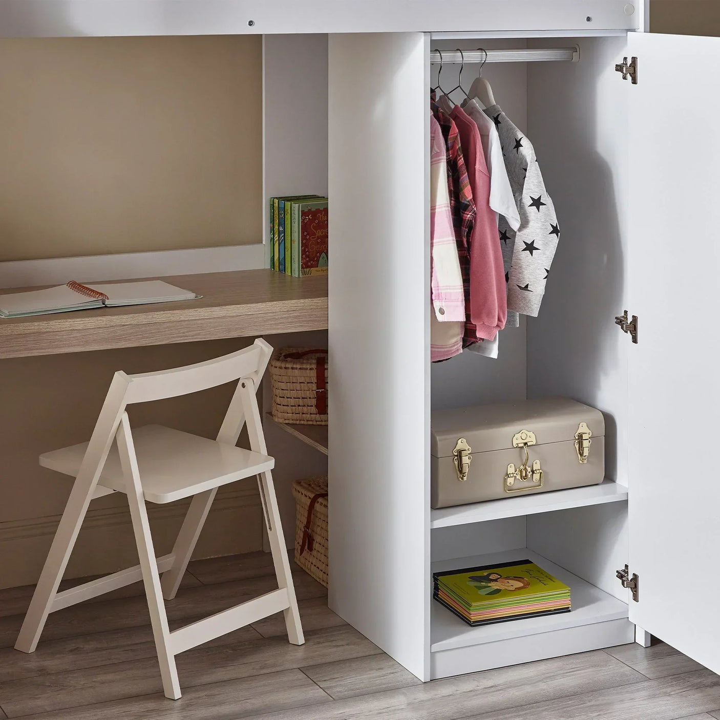 Pale wood high sleeper bed wardrobe with hanging rail, shelves and integrated desk