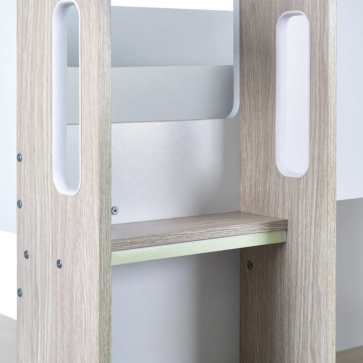 Pale wood and white highsleeper bed shelf detail with rounded cut-out handles