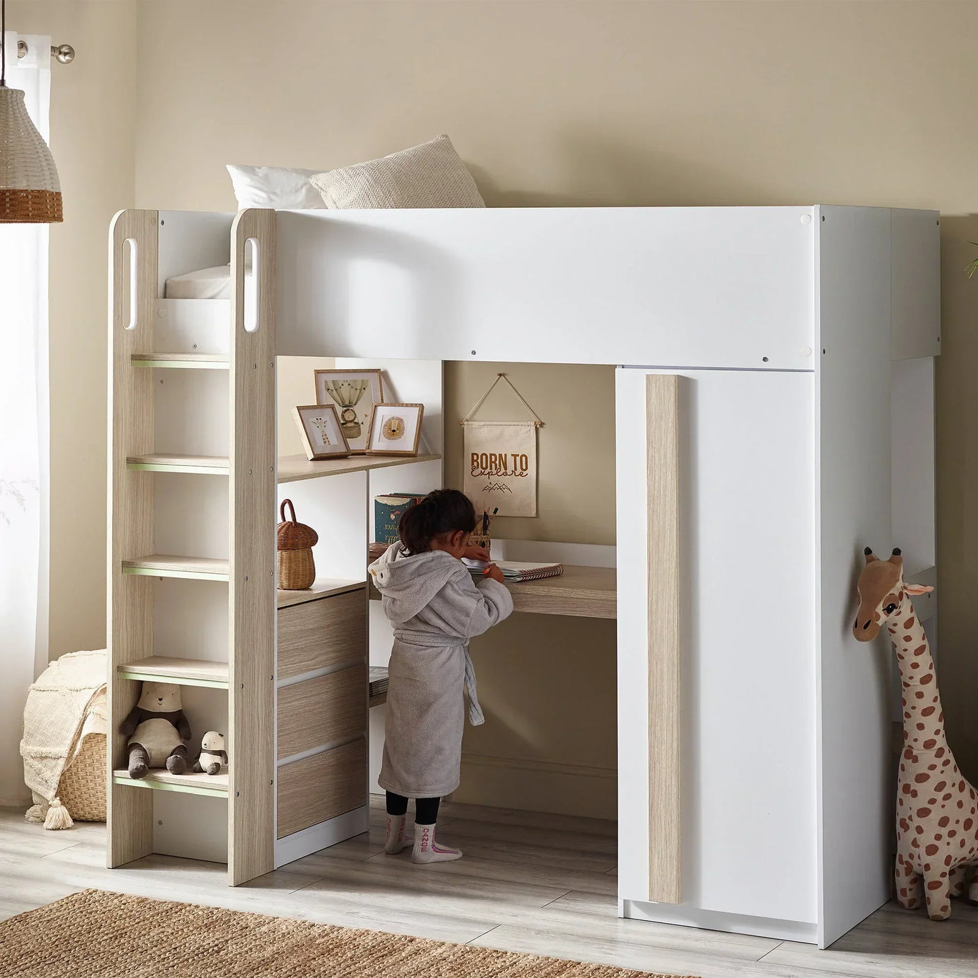 Ocean highsleeper pale wood white bed with integrated desk, storage shelves, and child playing