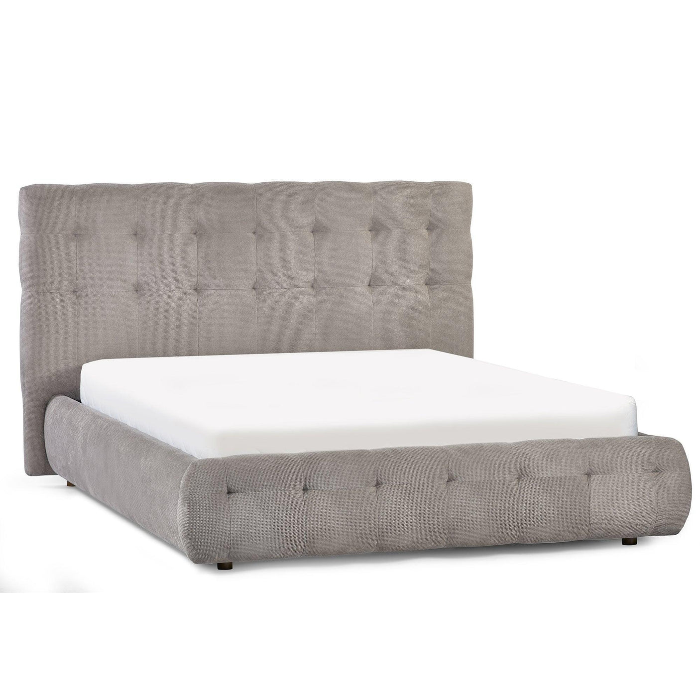 Grey upholstered bed frame with tufted headboard and low footboard, angled front view