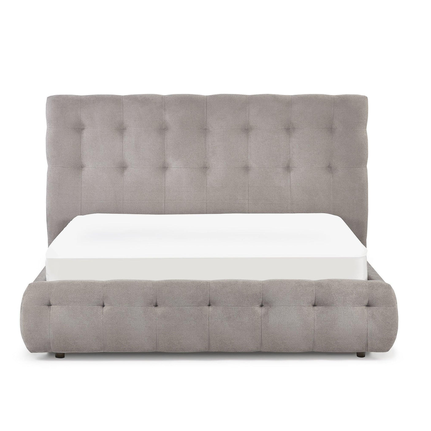 Grey upholstered bed frame with tufted headboard and low footboard, front view