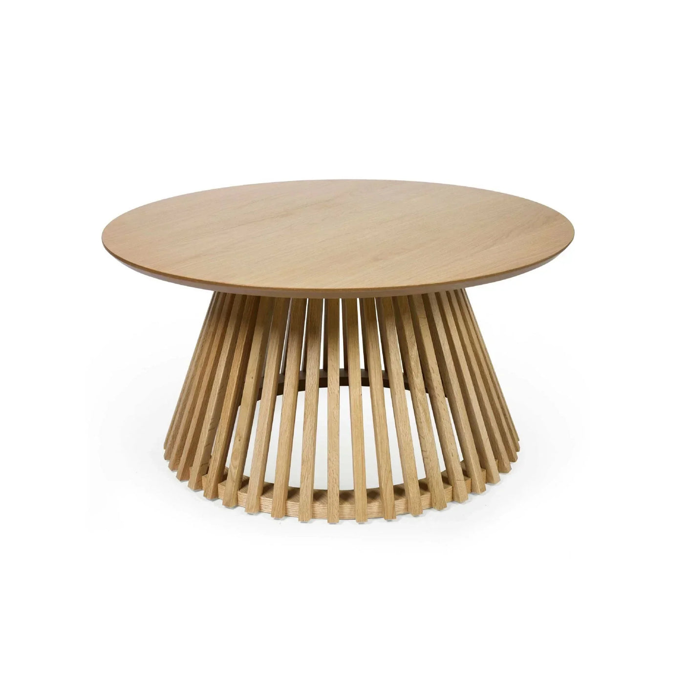Round oak coffee table with slatted wooden base on white background