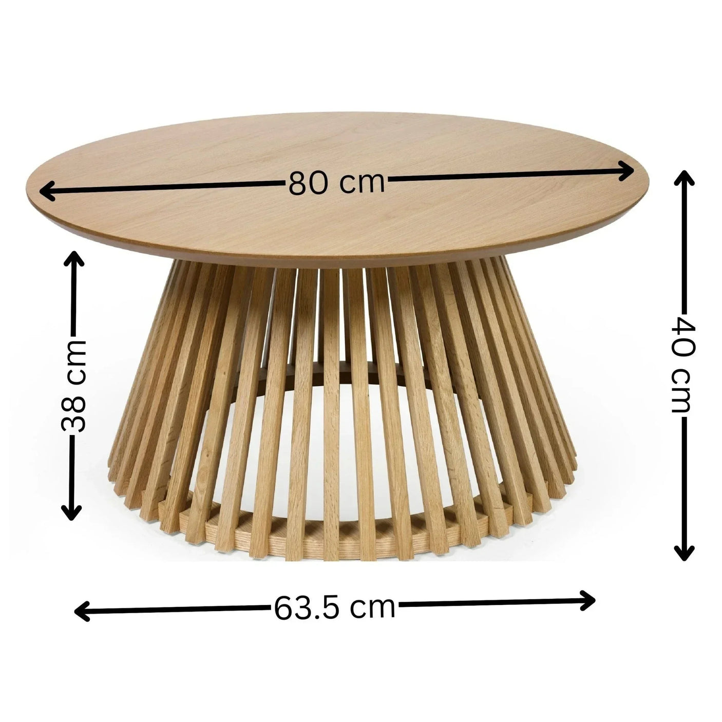 Round oak coffee table with slatted wooden base, size dimensions marked in centimeters