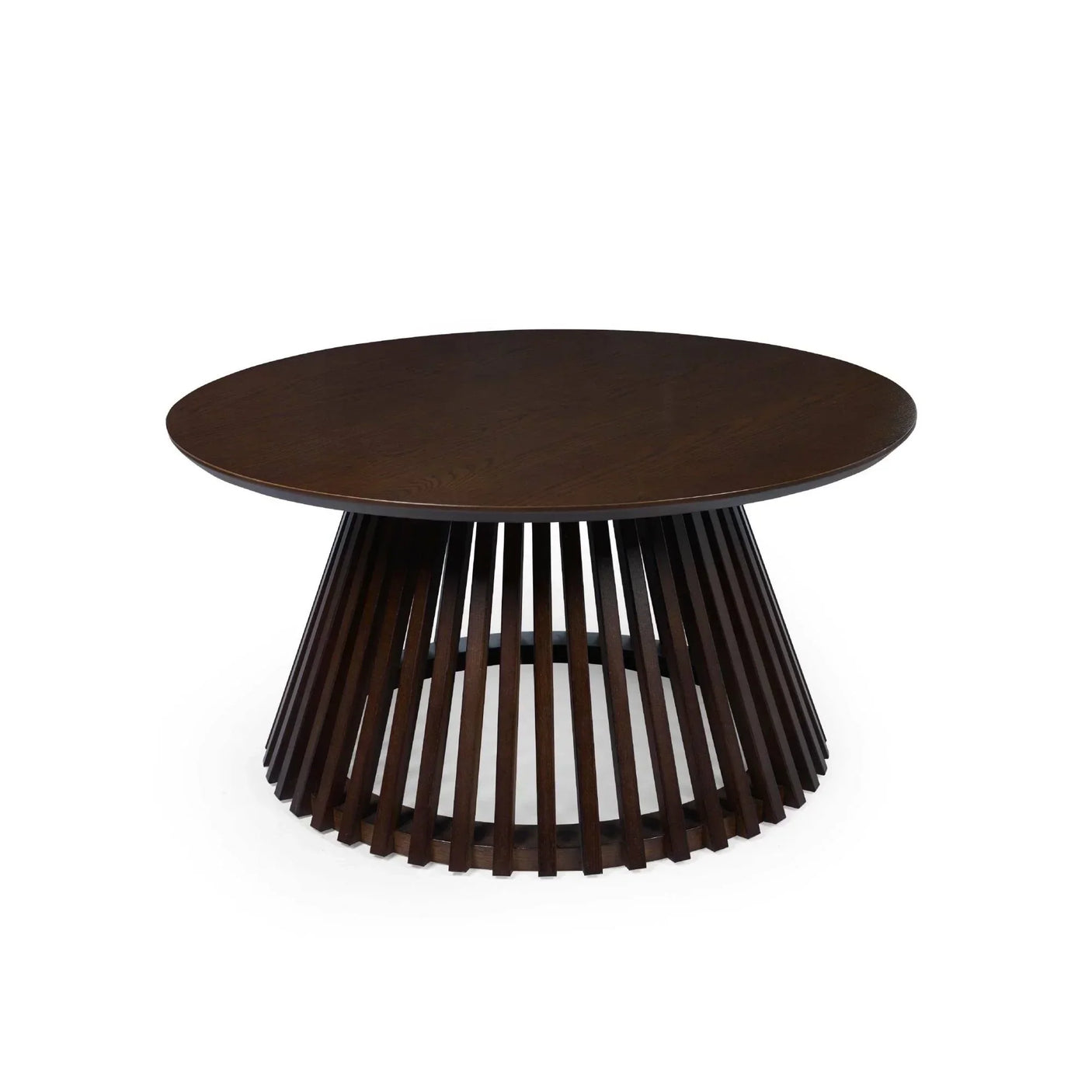 Round wooden coffee table with slatted base and dark brown finish on white background