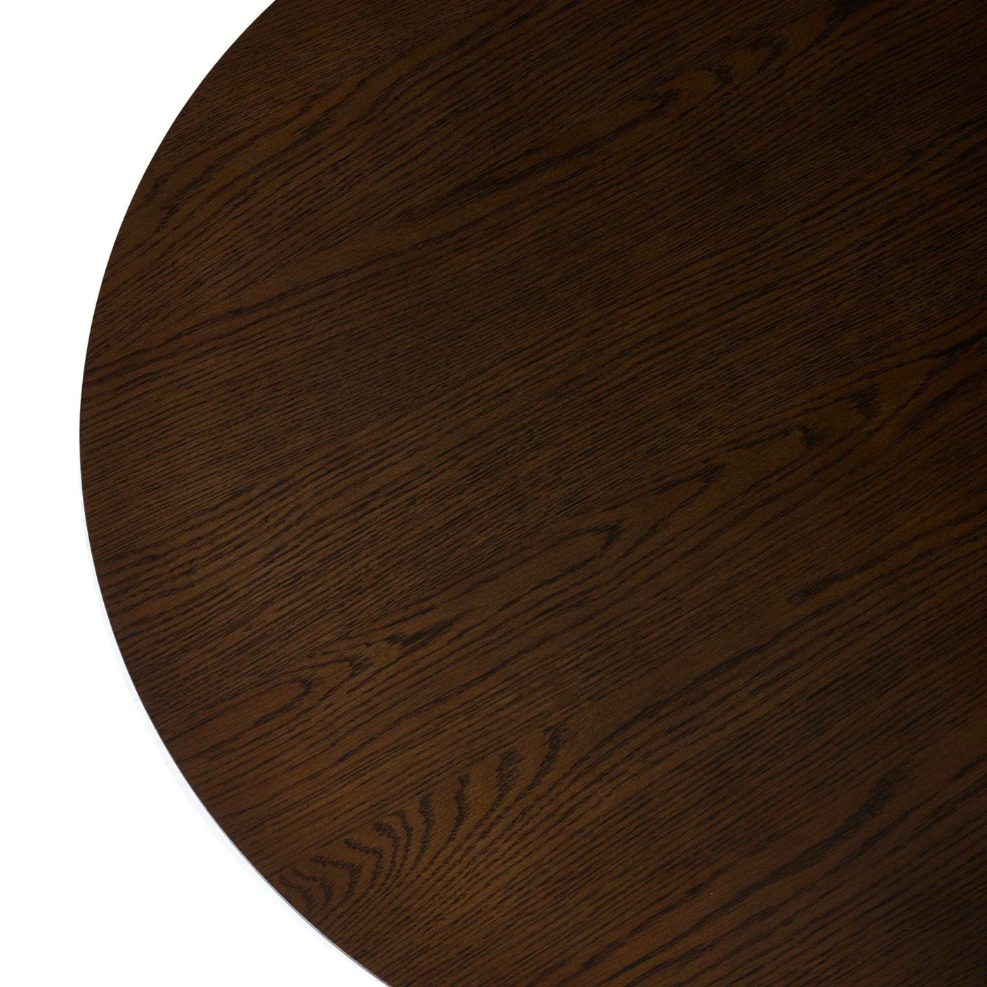 Dark oak round dining table top close up with natural wood grain detail
