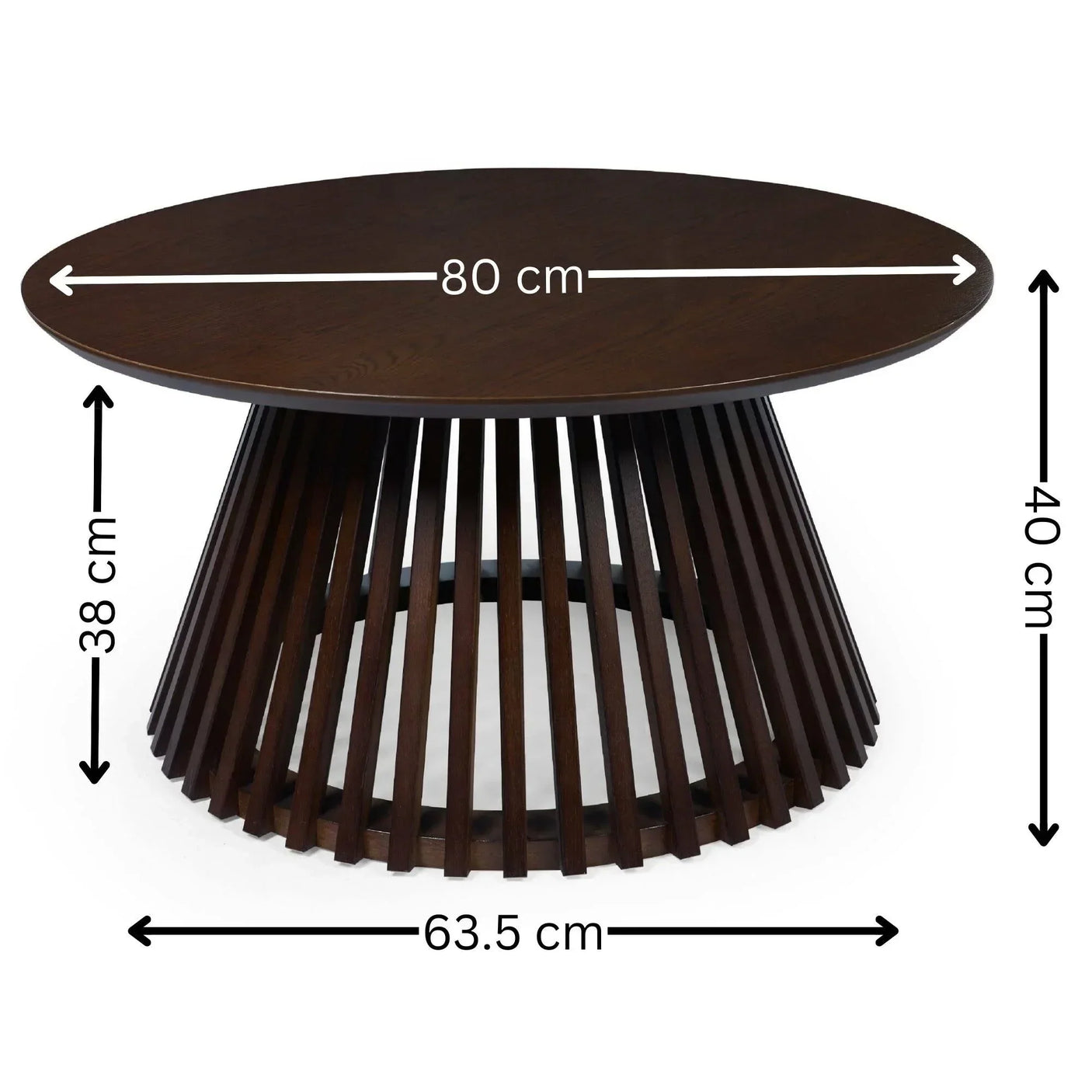 Round wood coffee table with slatted base and measurements labelled in centimeters