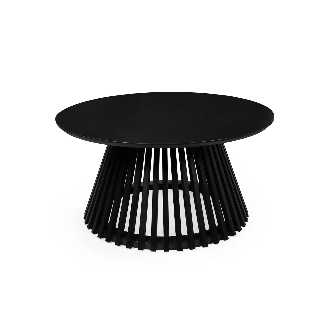 Black wooden coffee table with round top and slatted cone-shaped base on white background