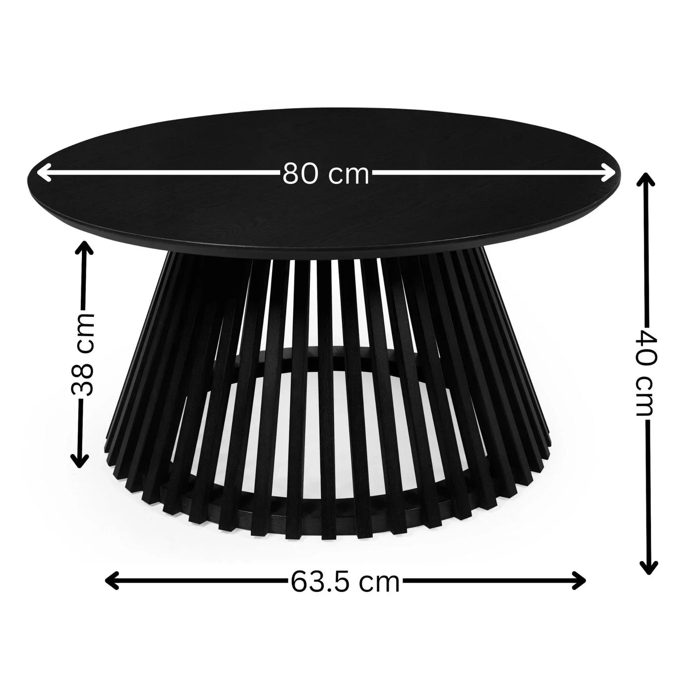 Black round coffee table with slatted base, measurements 80 cm diameter, 40 cm height