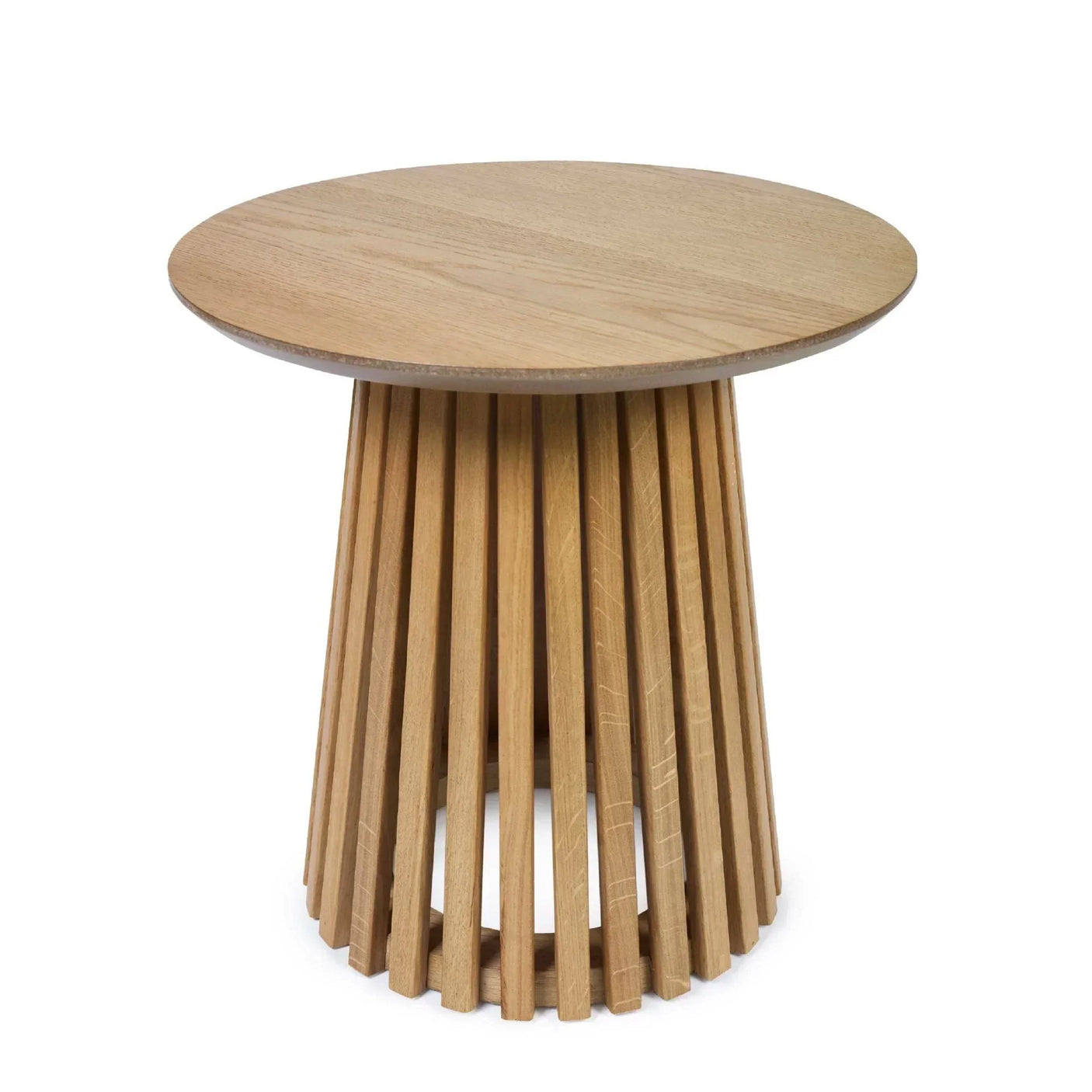 Round wooden side table with slatted base and natural finish, front angle view