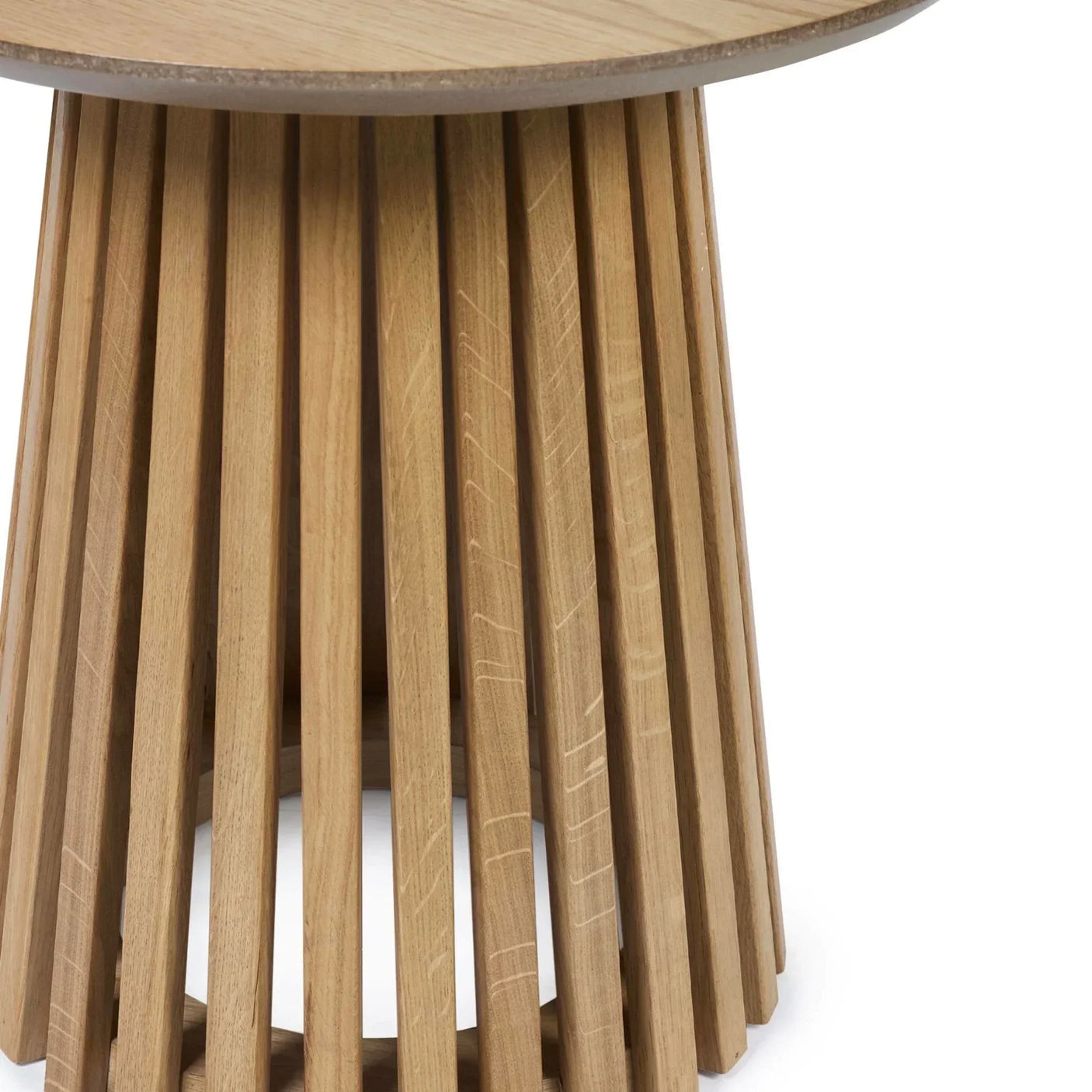 Round oak side table with slatted wooden base, modern design closeup