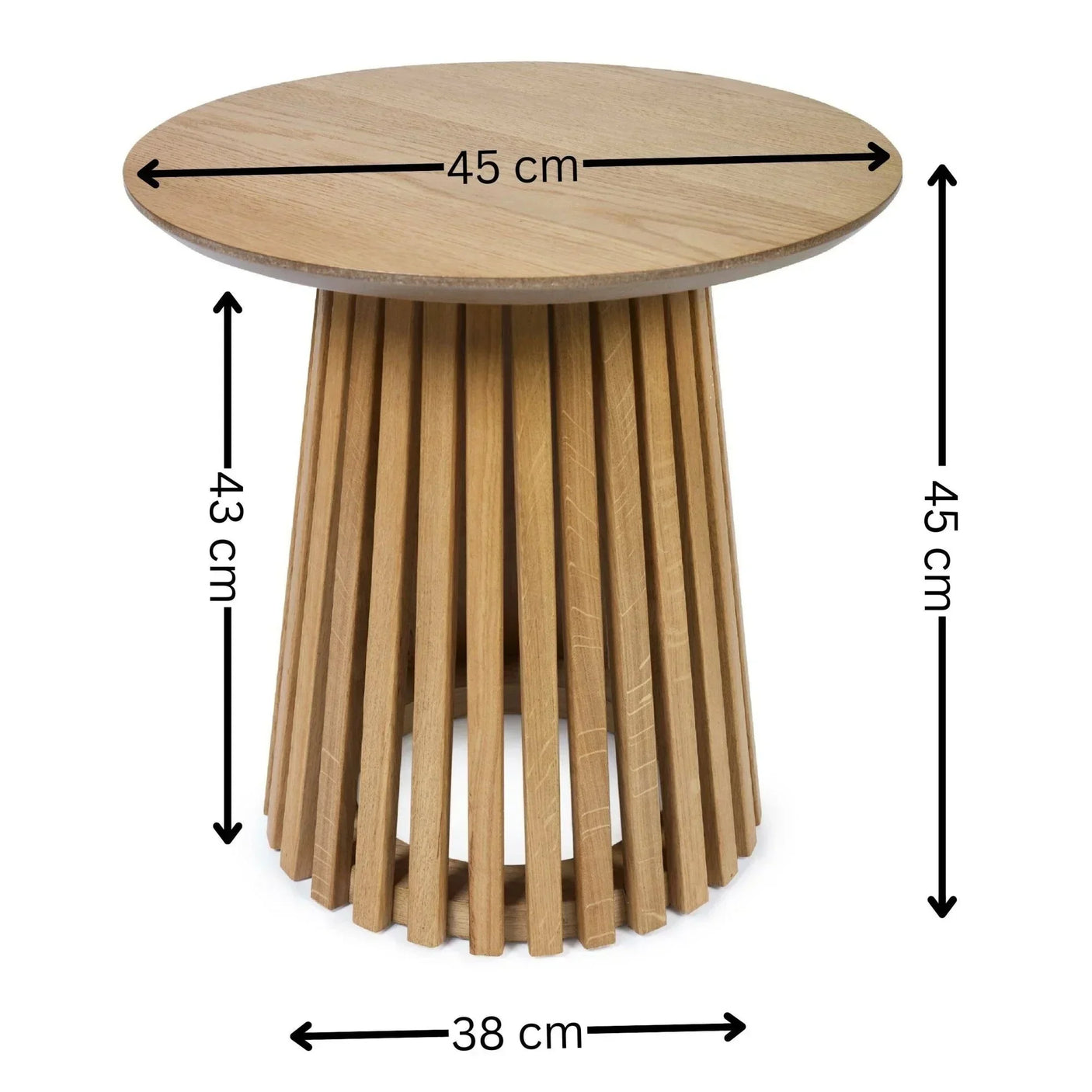 Round oak side table with slatted base and black dimension markers, 45cm height, 45cm top