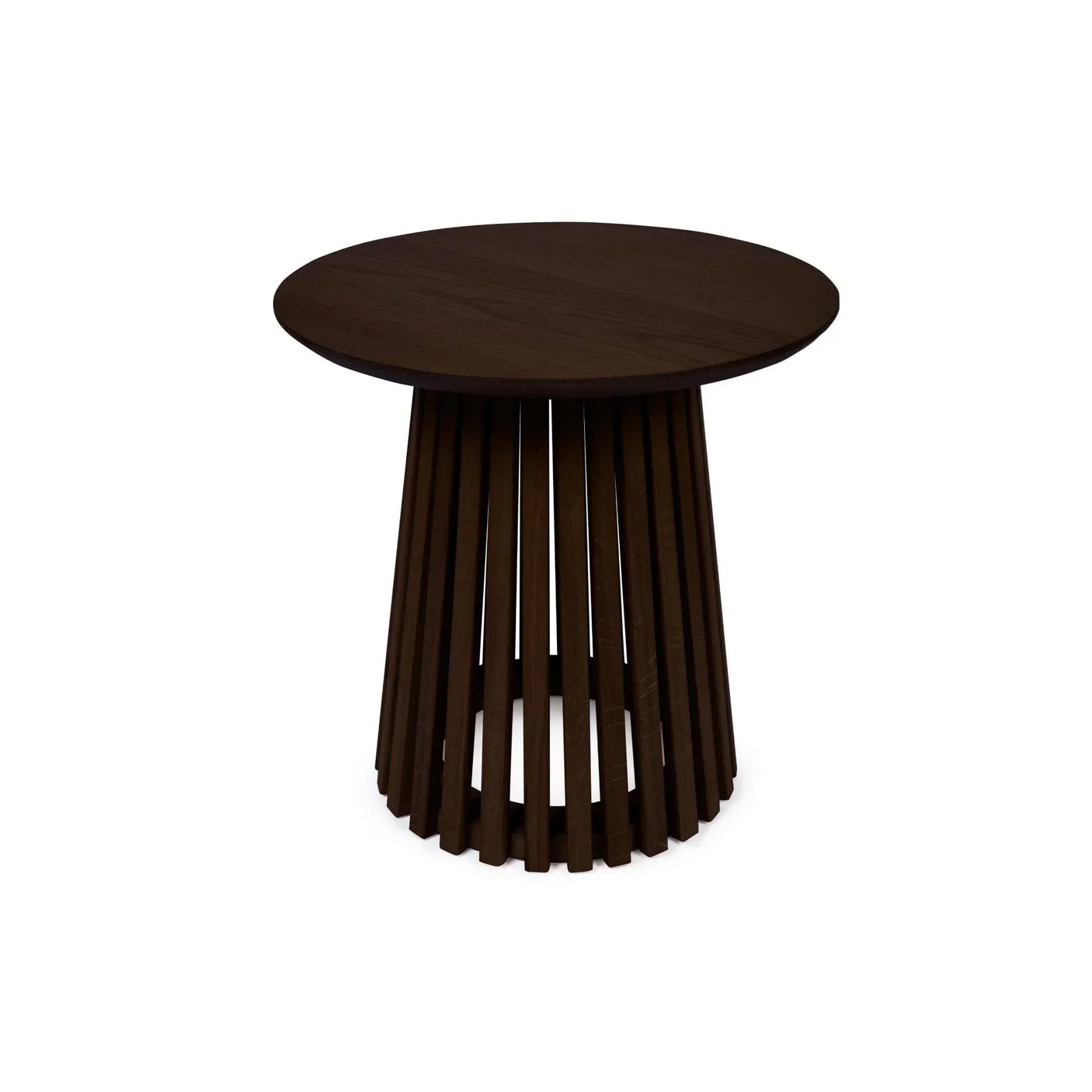 Round dark wood side table with slatted pedestal base on white background