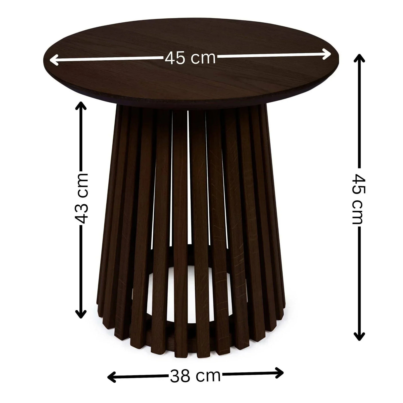 Round wooden side table with slatted base, dark finish, shown with dimensions in cm