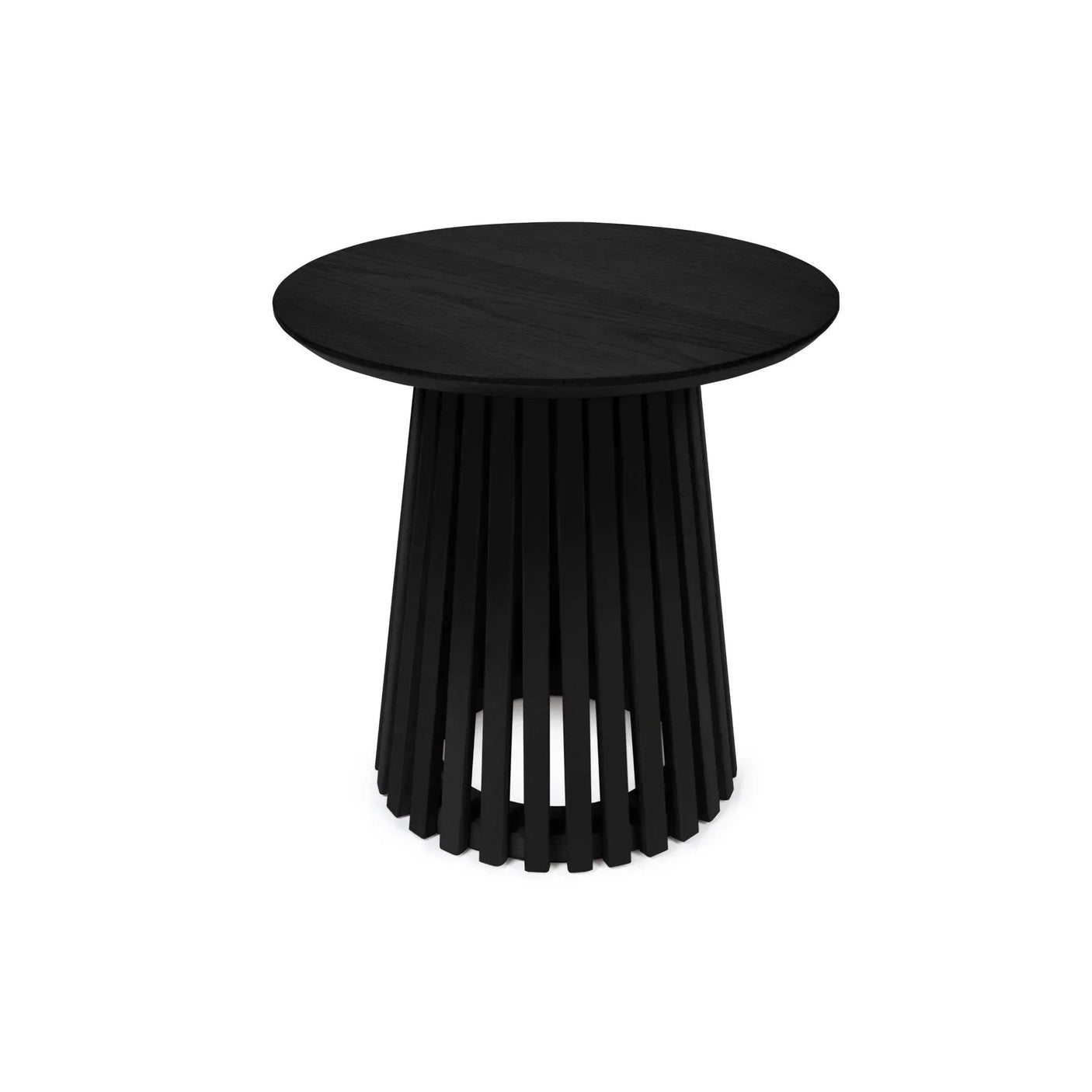 Black round side table with slatted wooden base and modern design on white background