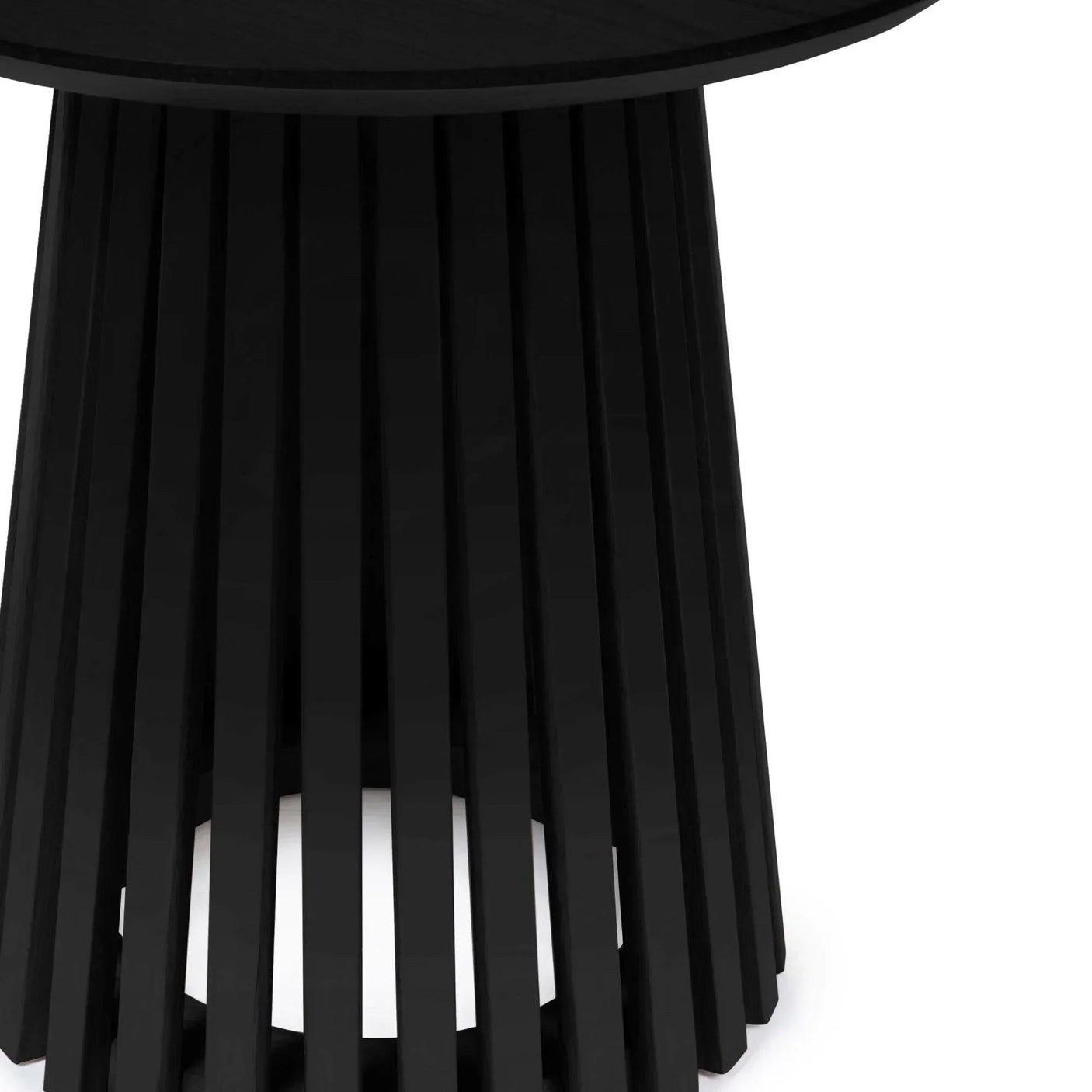 Black wooden round dining table base with vertical slat design, close-up view