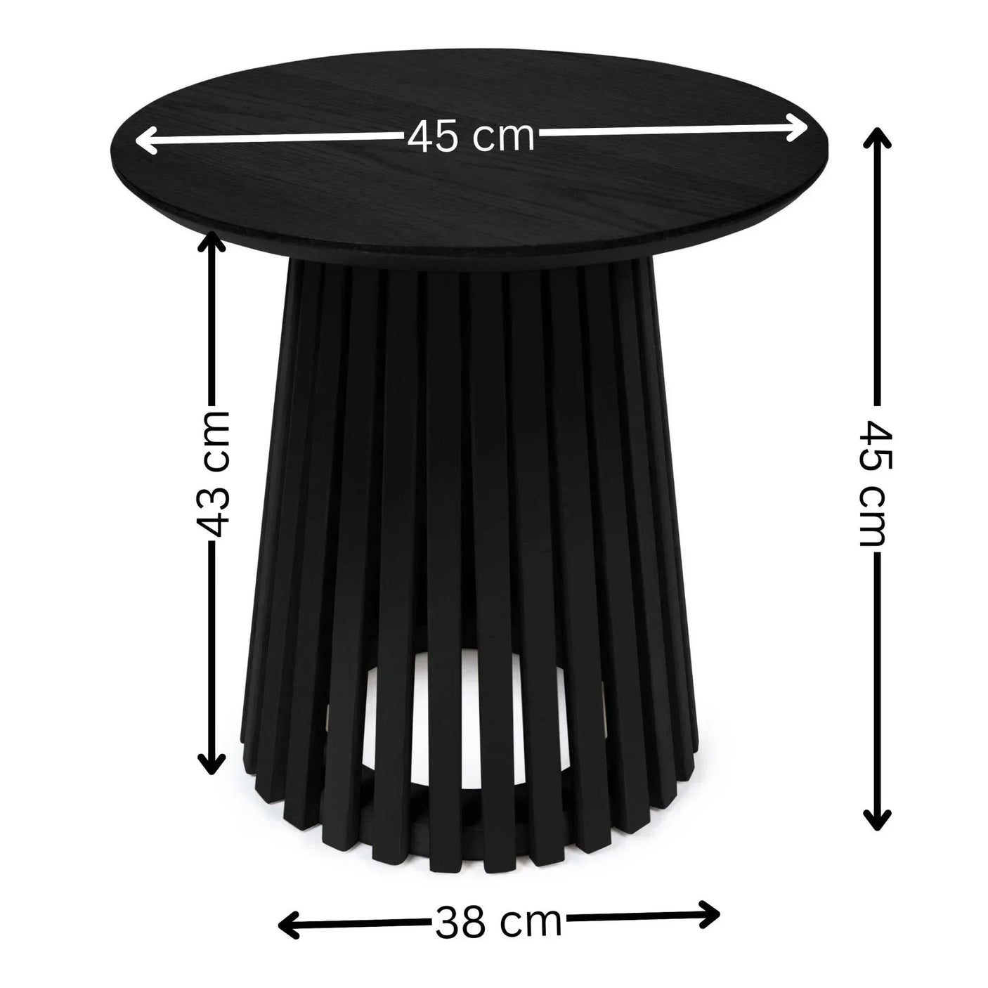 Black round side table with slatted base showing dimensions in centimeters