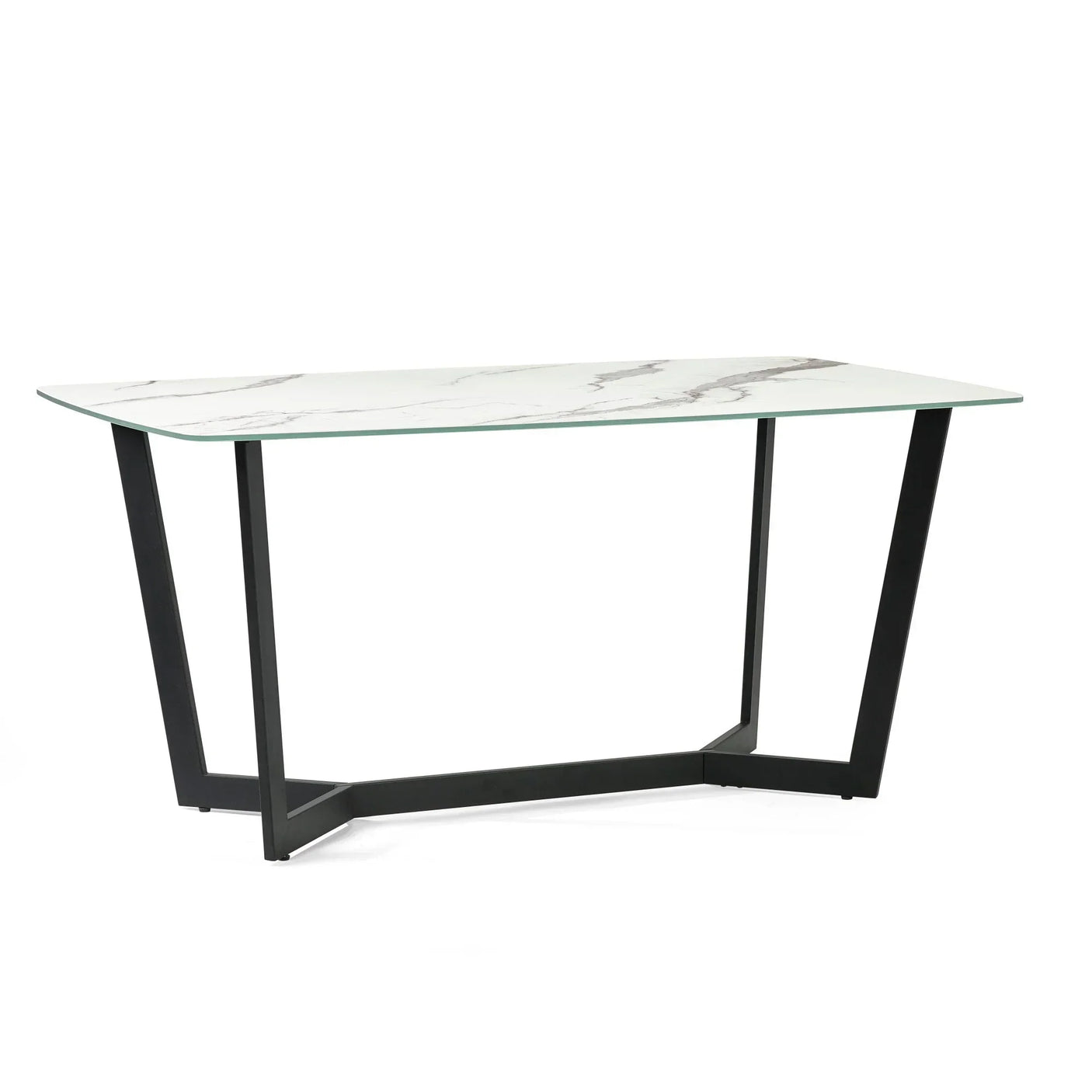 Rectangular marble dining table with black angled metal legs on white background
