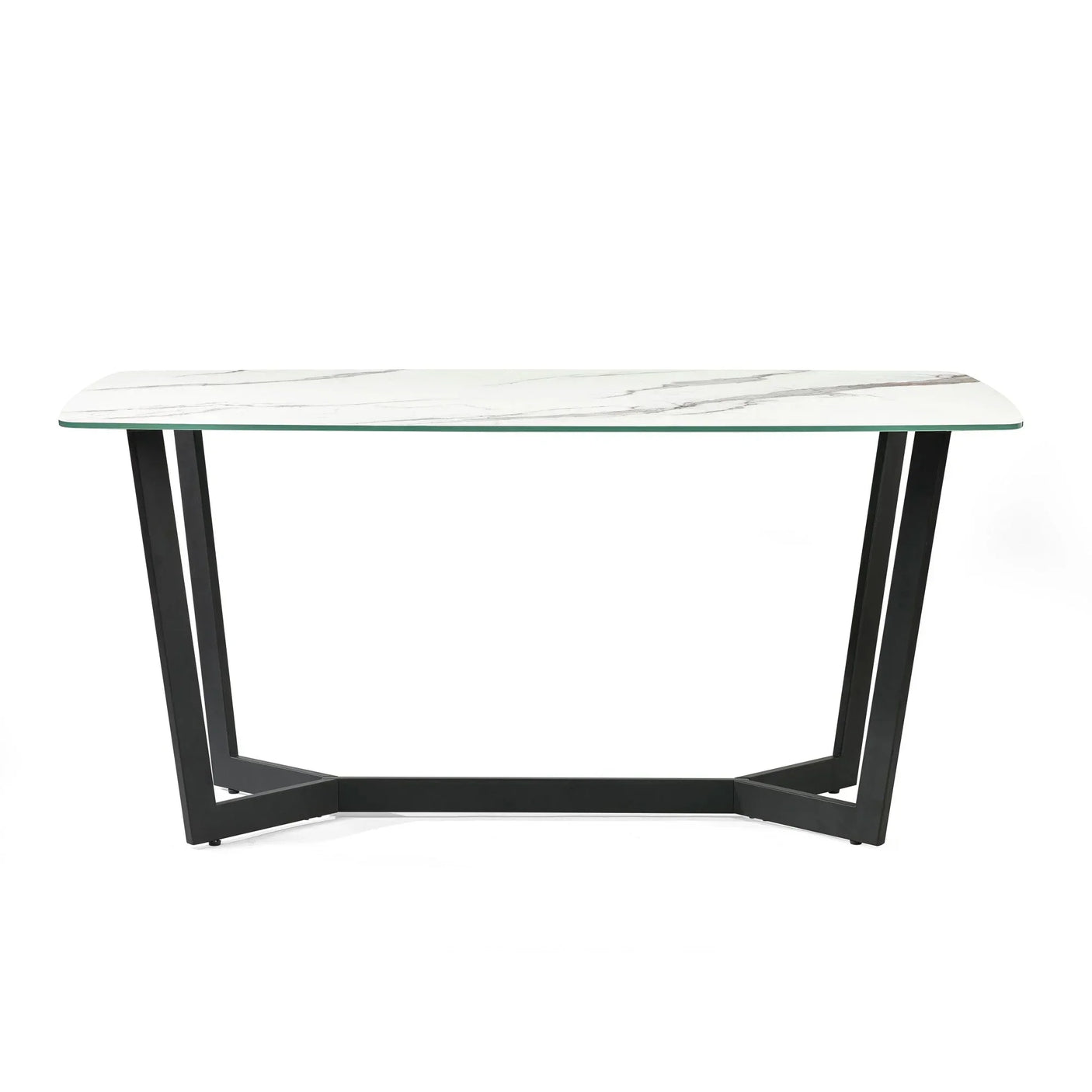 Modern console table with white marble top and black metal geometric legs