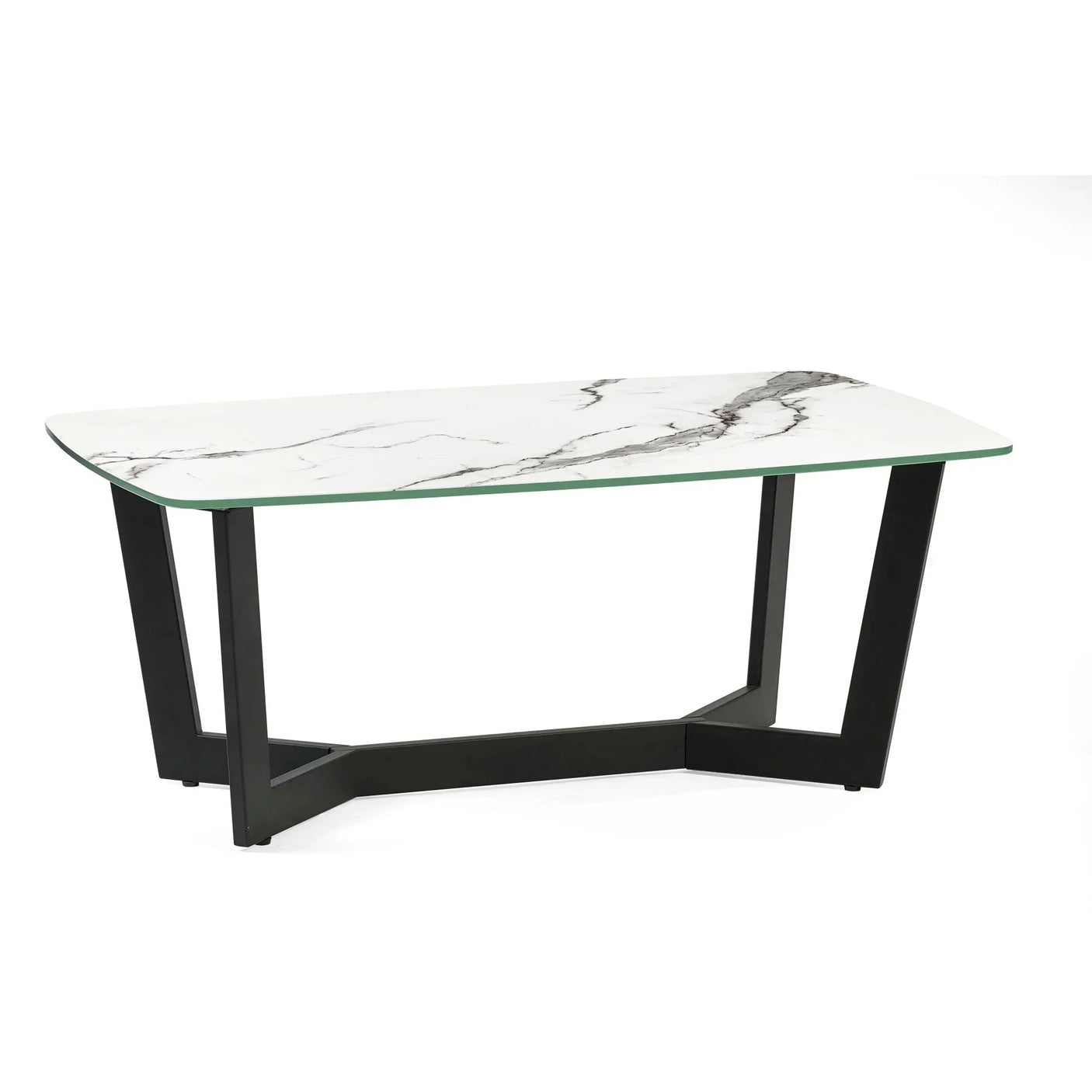 Rectangular marble top coffee table with black angled metal legs on white background