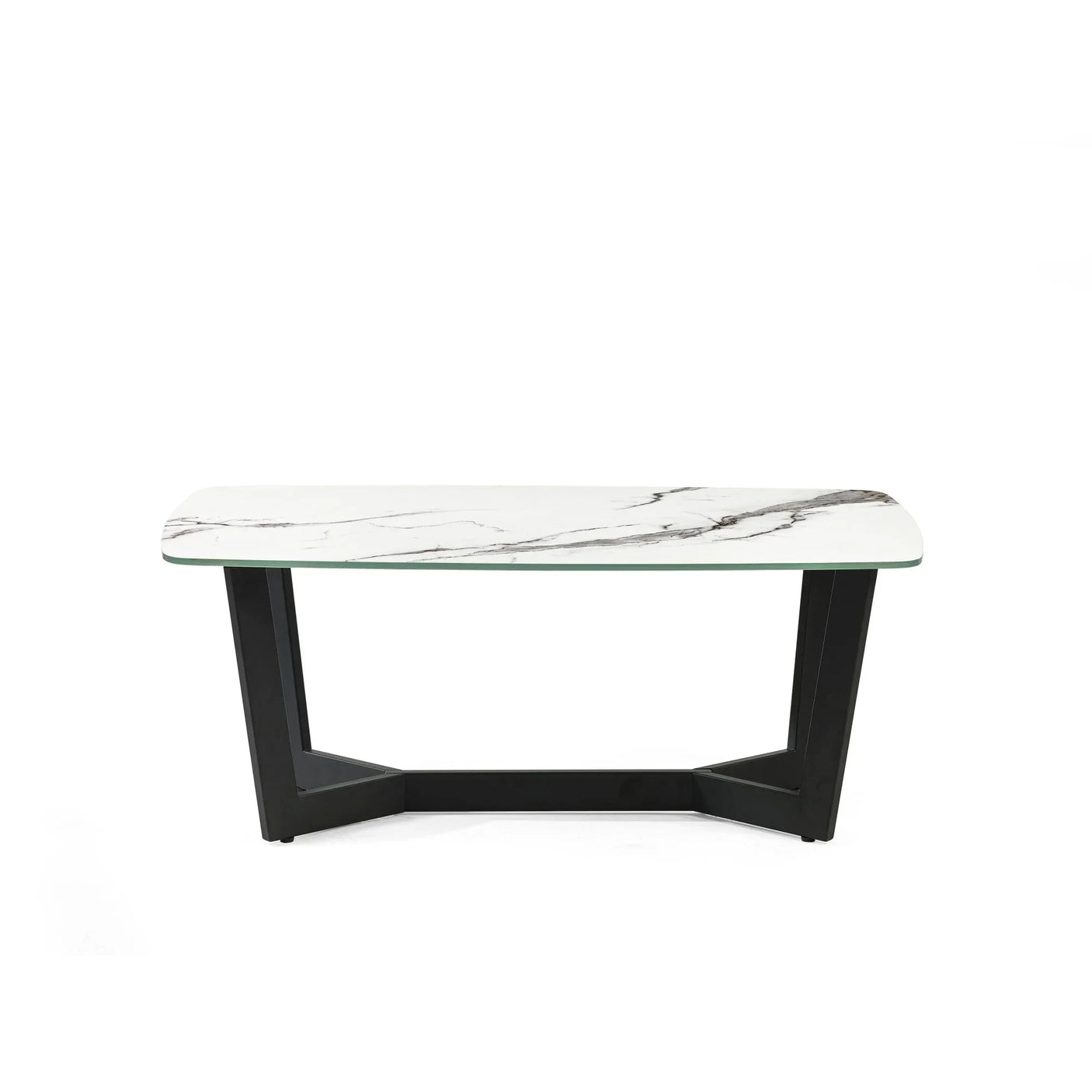 Rectangular dining table with white marble effect top and black angled legs