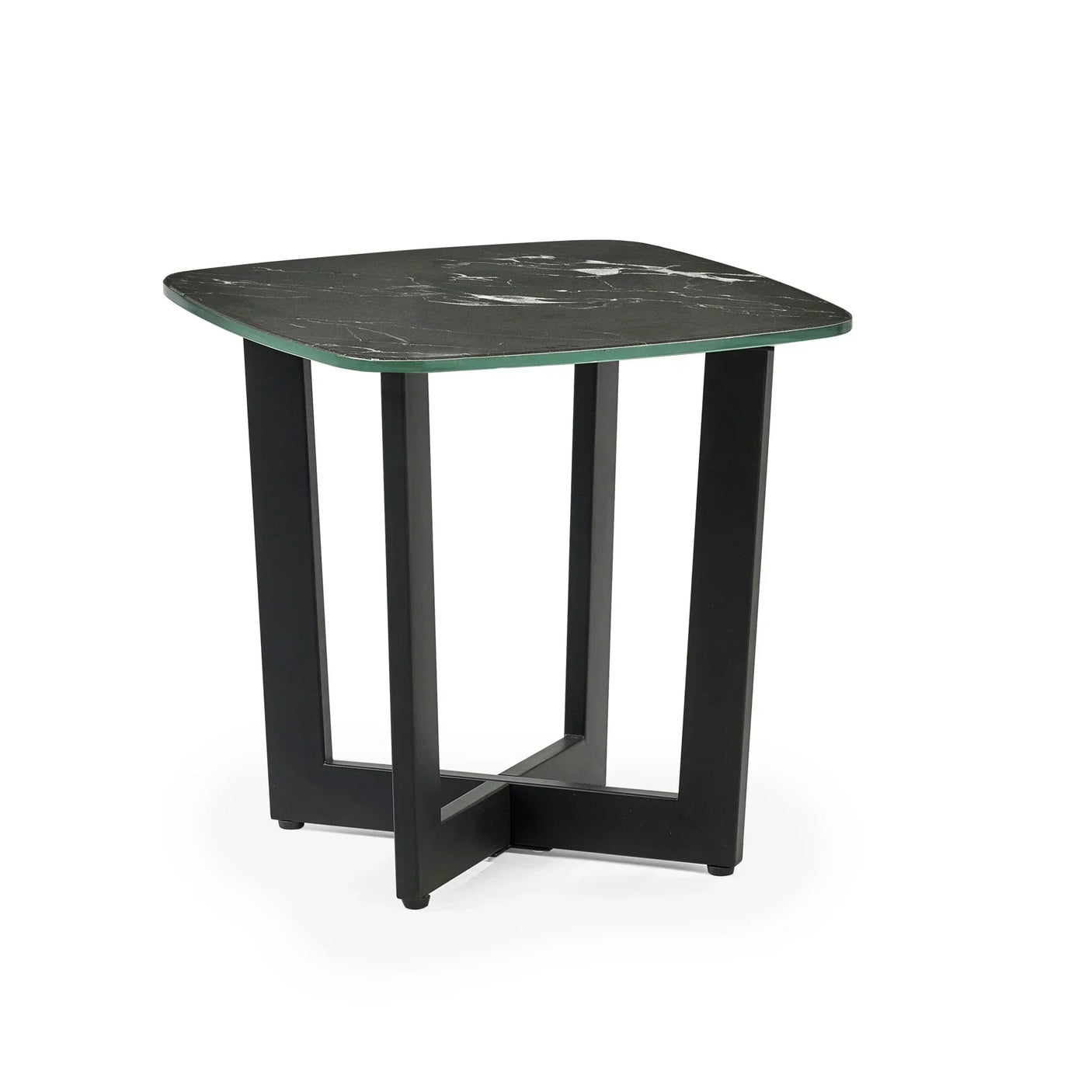 Black marble side table with square top and minimalist metal legs