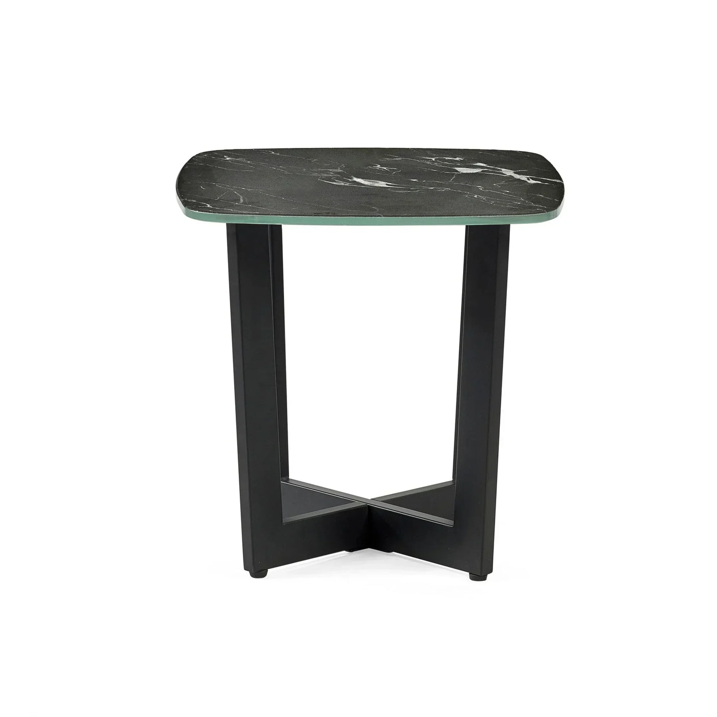 Black marble top side table with angled metal legs, modern accent furniture piece