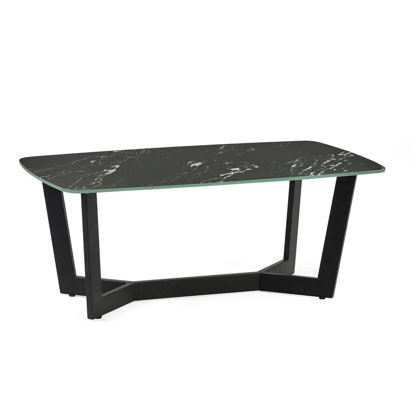 Rectangular black marble coffee table with modern angled metal legs