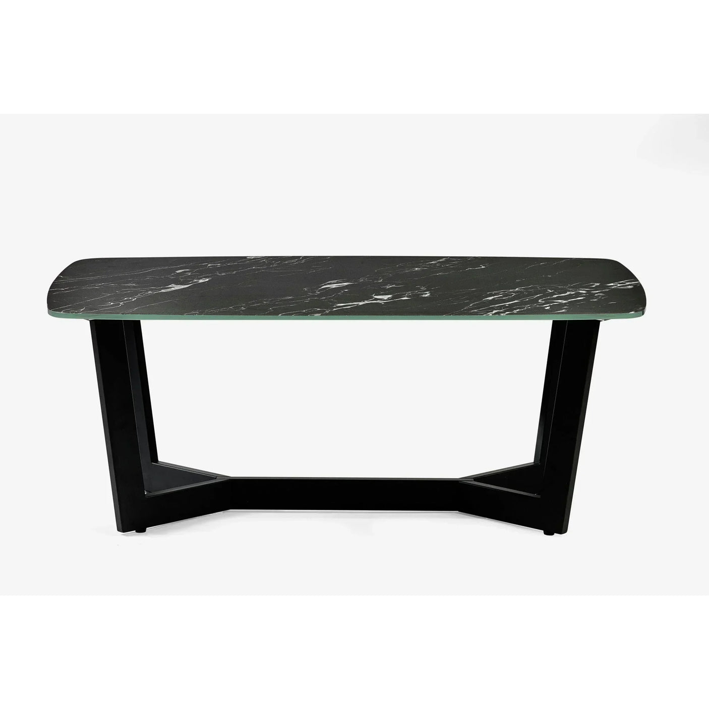 Black marble dining table with rectangular top and modern angled legs on white background