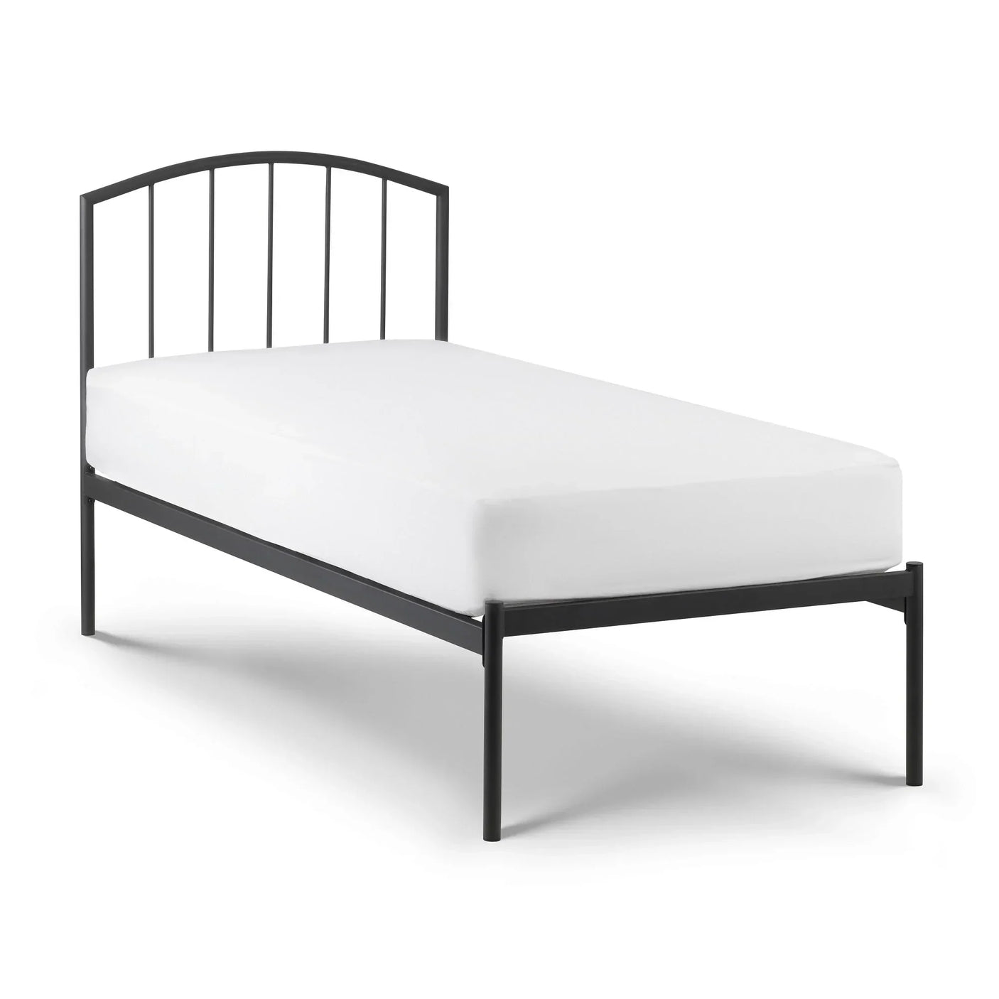 single metal bed frame with vertical slat headboard in black, angled cutout view