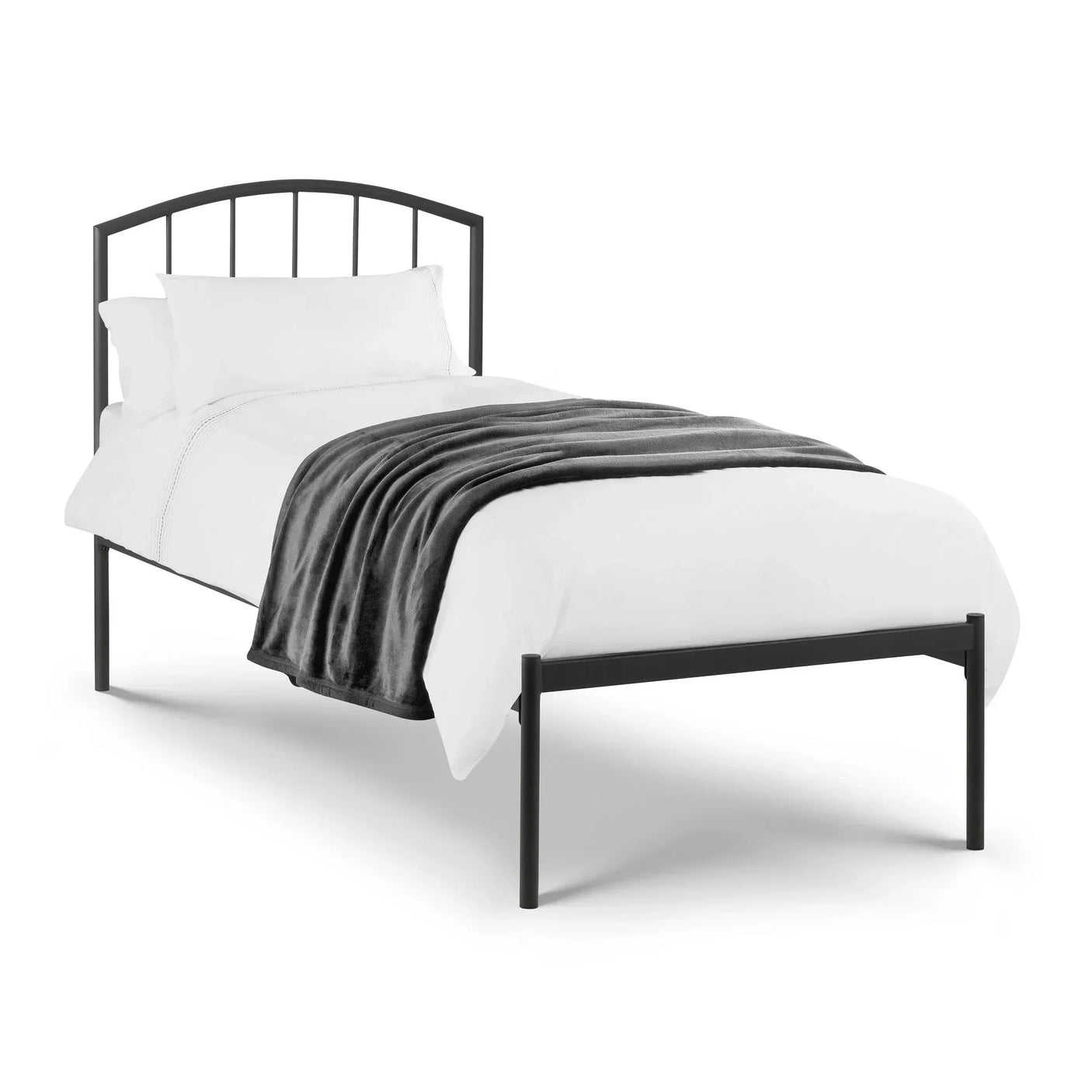 Single black metal bed frame with arched headboard, white bedding and grey throw blanket