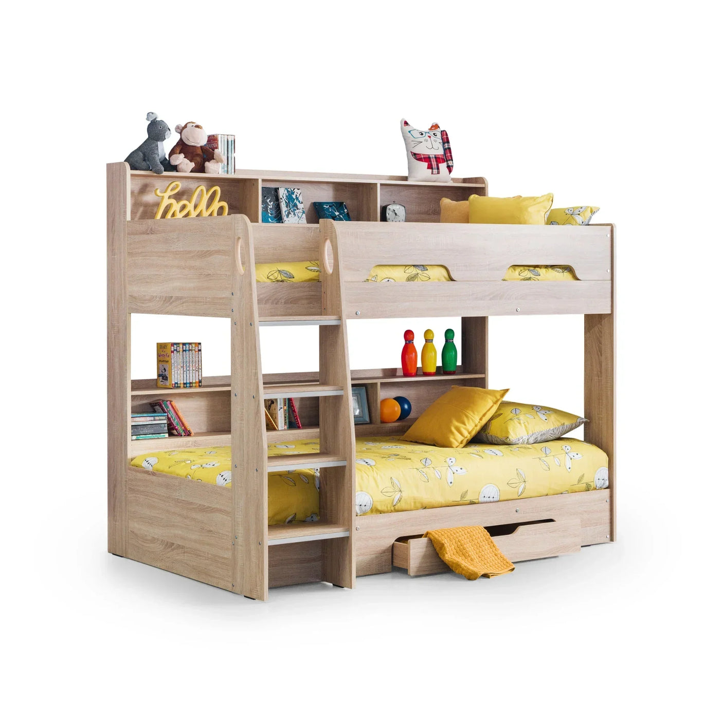 Sonoma oak bunk bed with ladder, shelves, and yellow bedding, storage drawer below