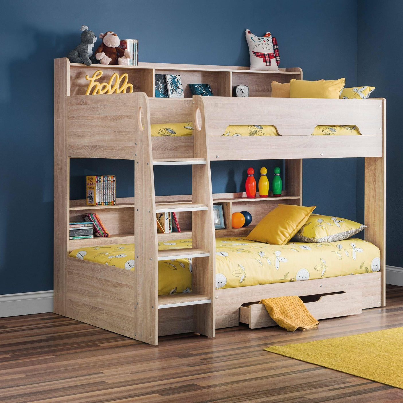 Sonoma oak bunk bed with storage shelves and ladder, yellow bedding, kids room decor