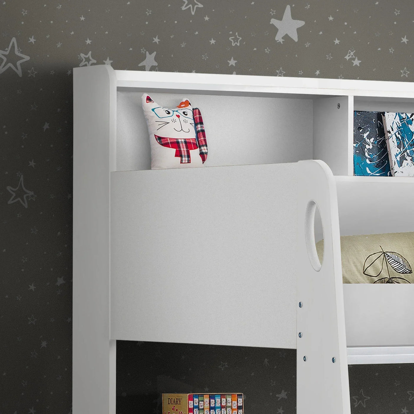 White bunk bed with safety rail, open storage shelf and grey star wallpaper background
