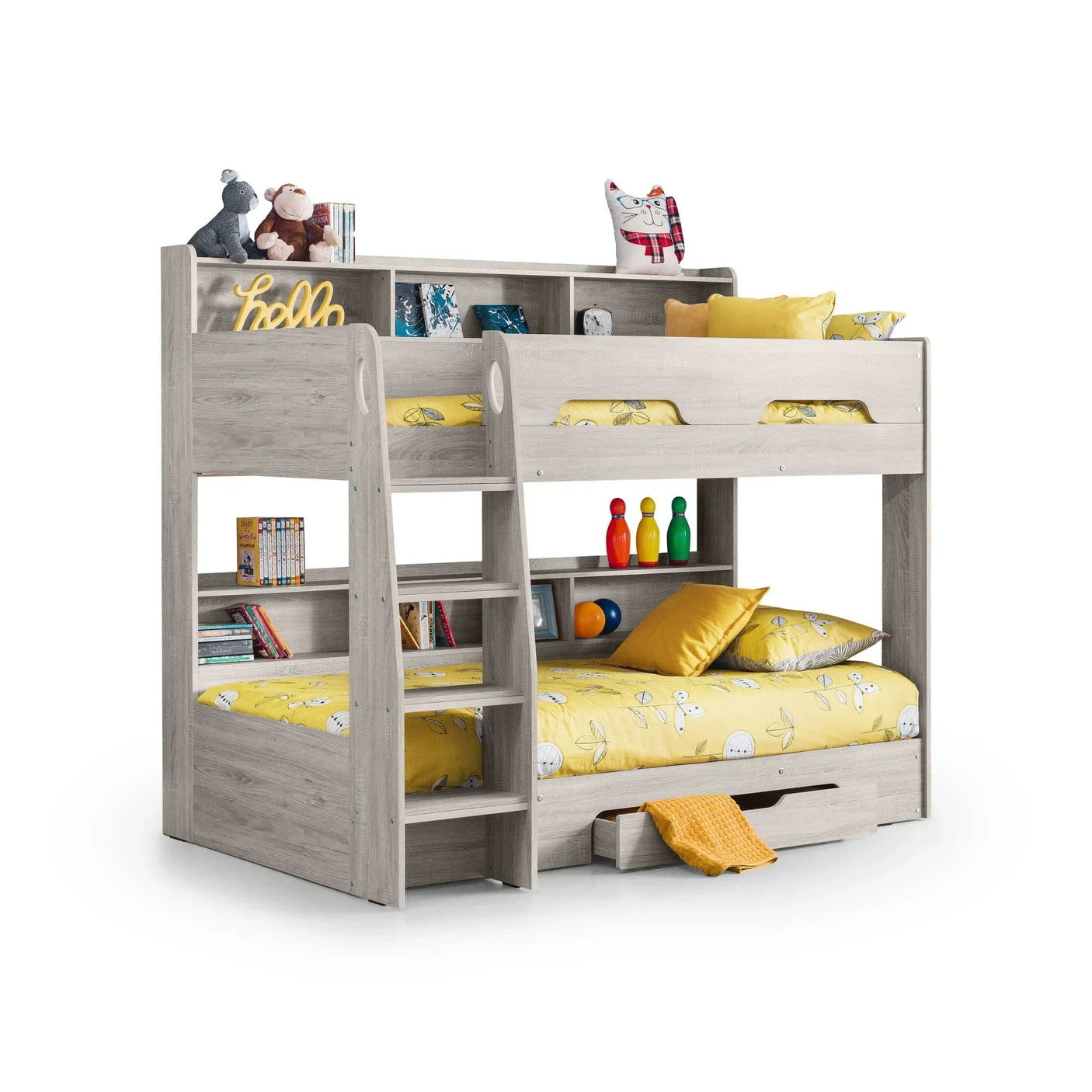 Wooden bunk bed with storage shelves, yellow bedding, and side ladder