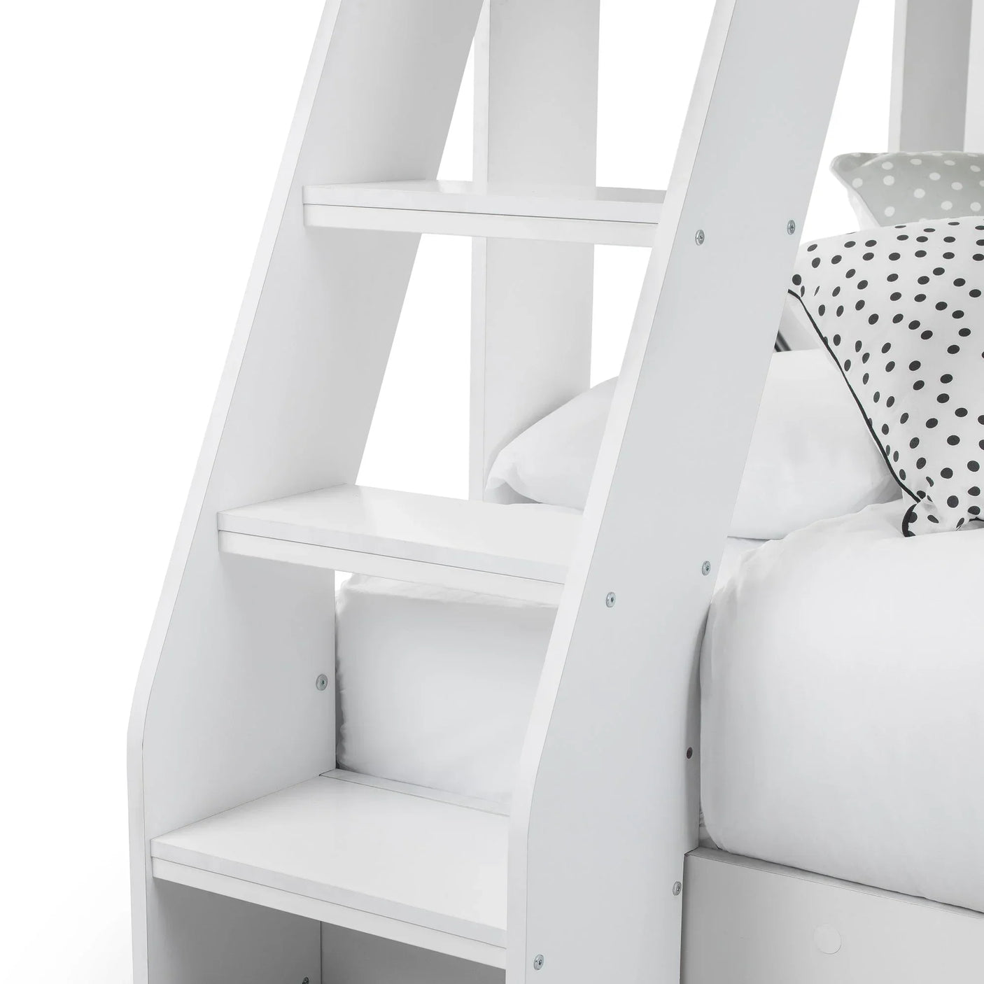 White triple sleeper bunk bed ladder detail with polka dot bedding visible