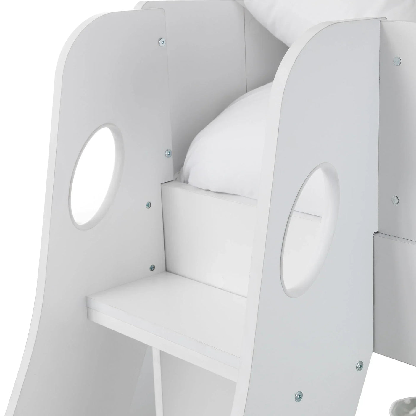 Orion triple sleeper white bunk bed ladder with oval cut-out handles and step detail